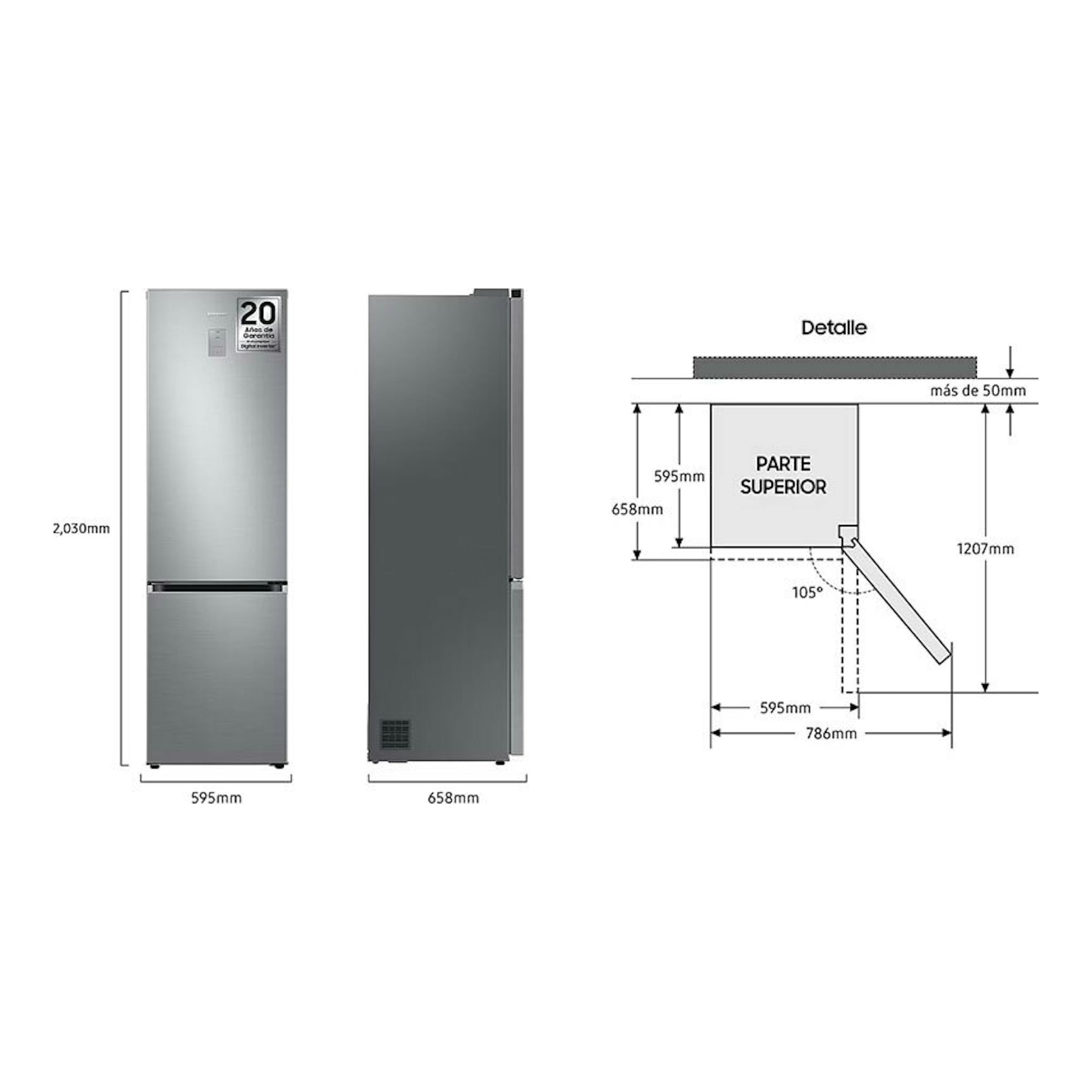 Frigorífico combi Samsung RB38C675CS9/EF inox, vista frontal y lateral con esquema de medidas.
