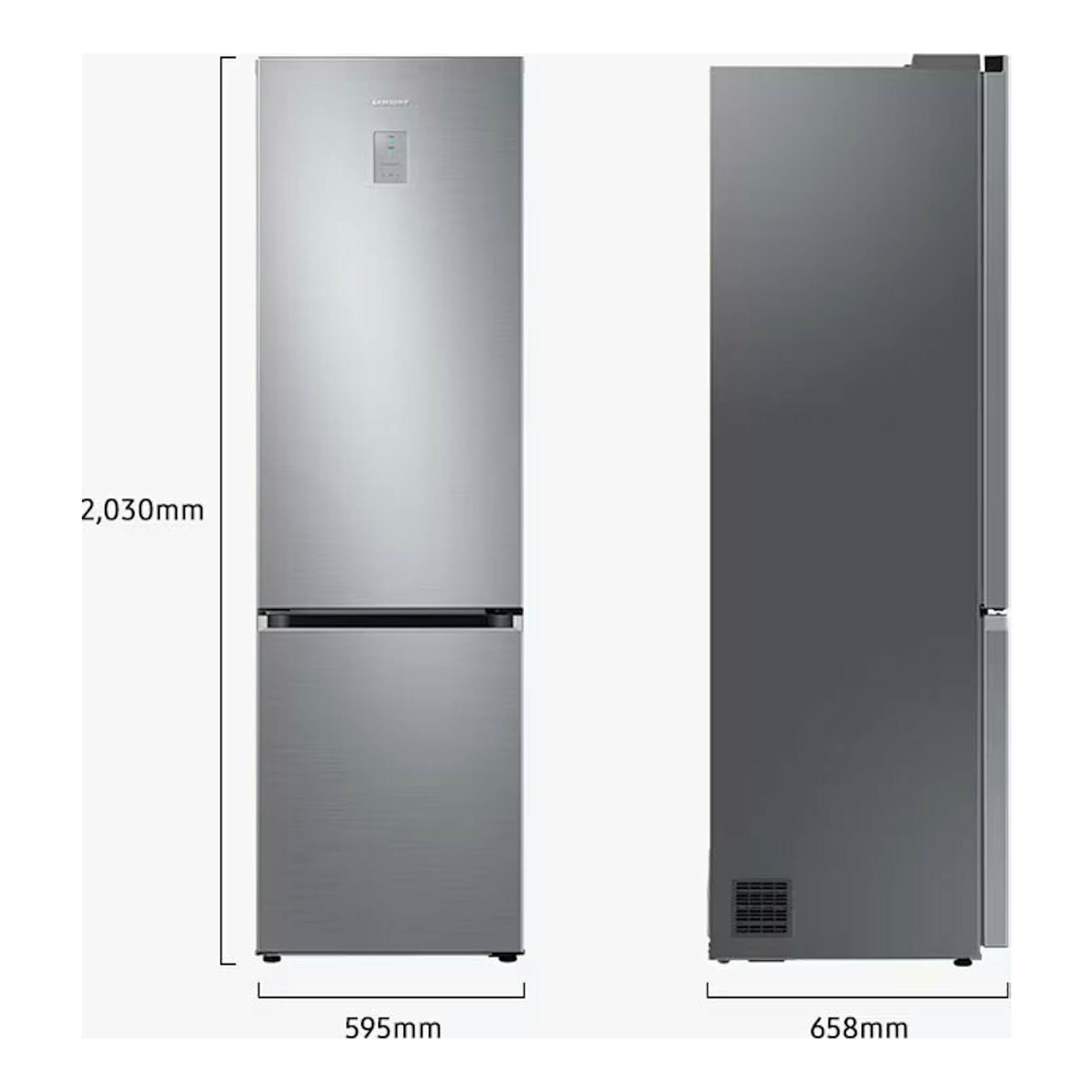 Frigorífico combi Samsung RB38C600ESA/EF inox, vista frontal y lateral, con medidas 2030 x 595 x 658 mm.