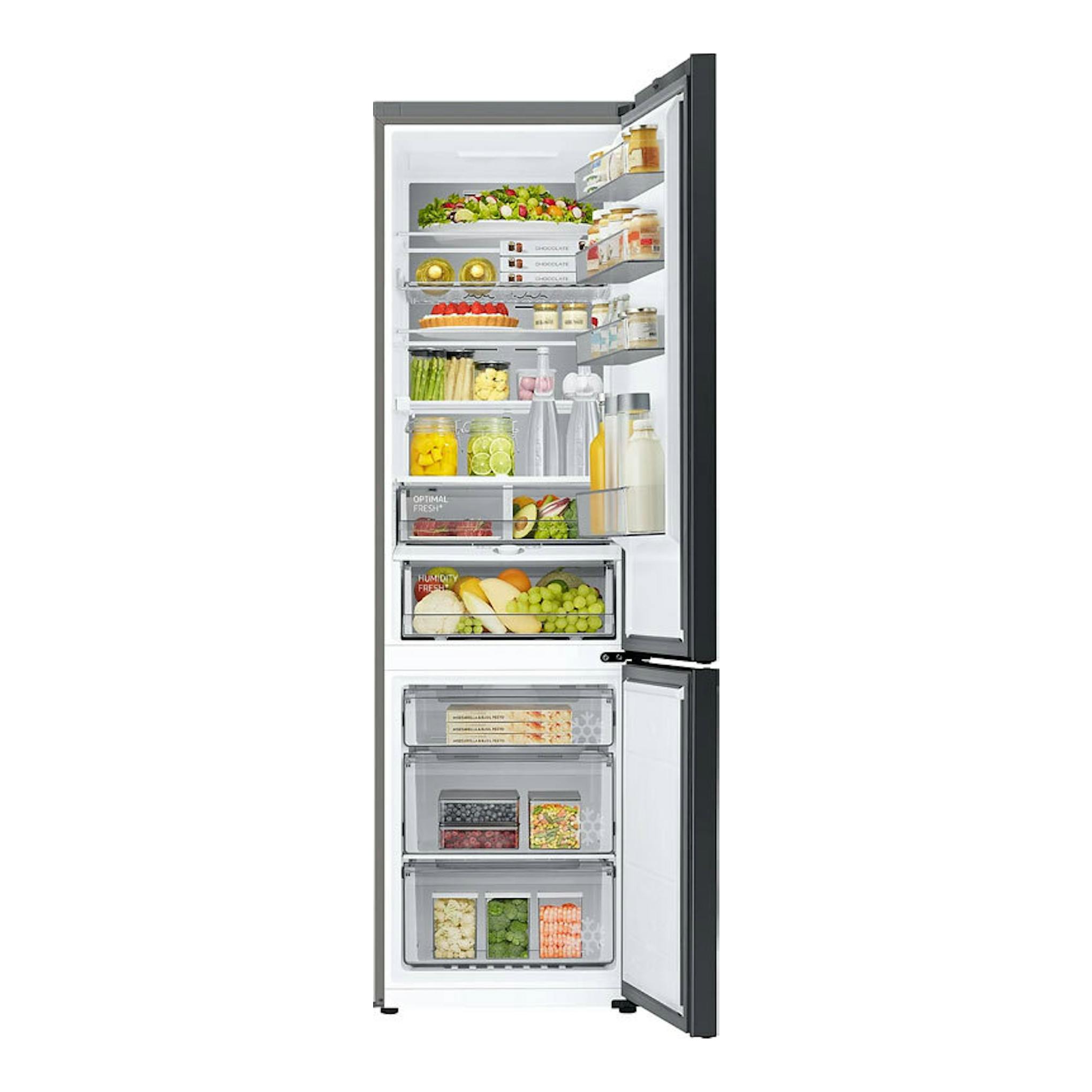 Frigorífico combi Samsung RB38C7B6AS9/EF inox, vista frontal con puertas abiertas e interior visible.