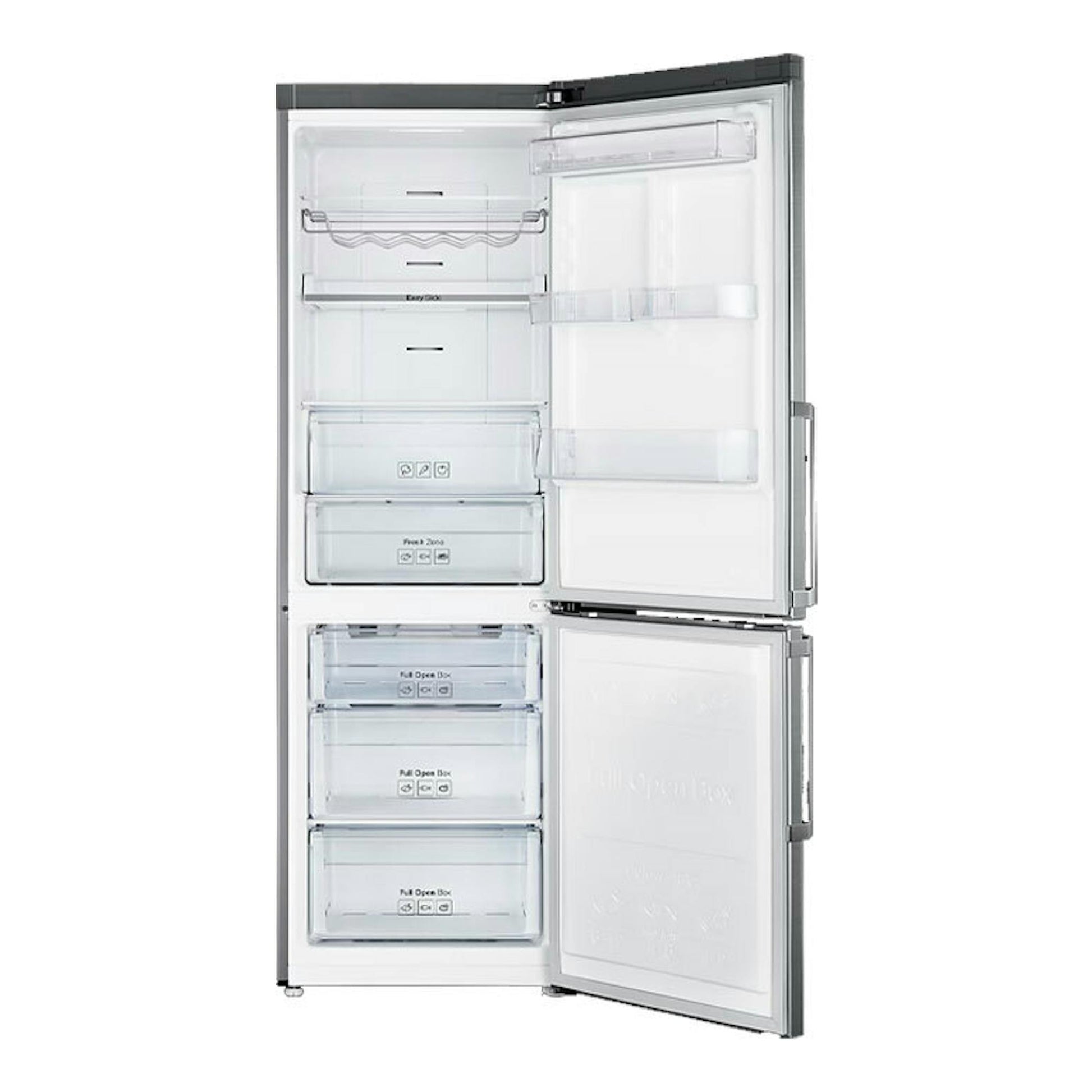 Frigorífico combi Samsung RB33J3315SA/EF inox, vista frontal con puertas abiertas.