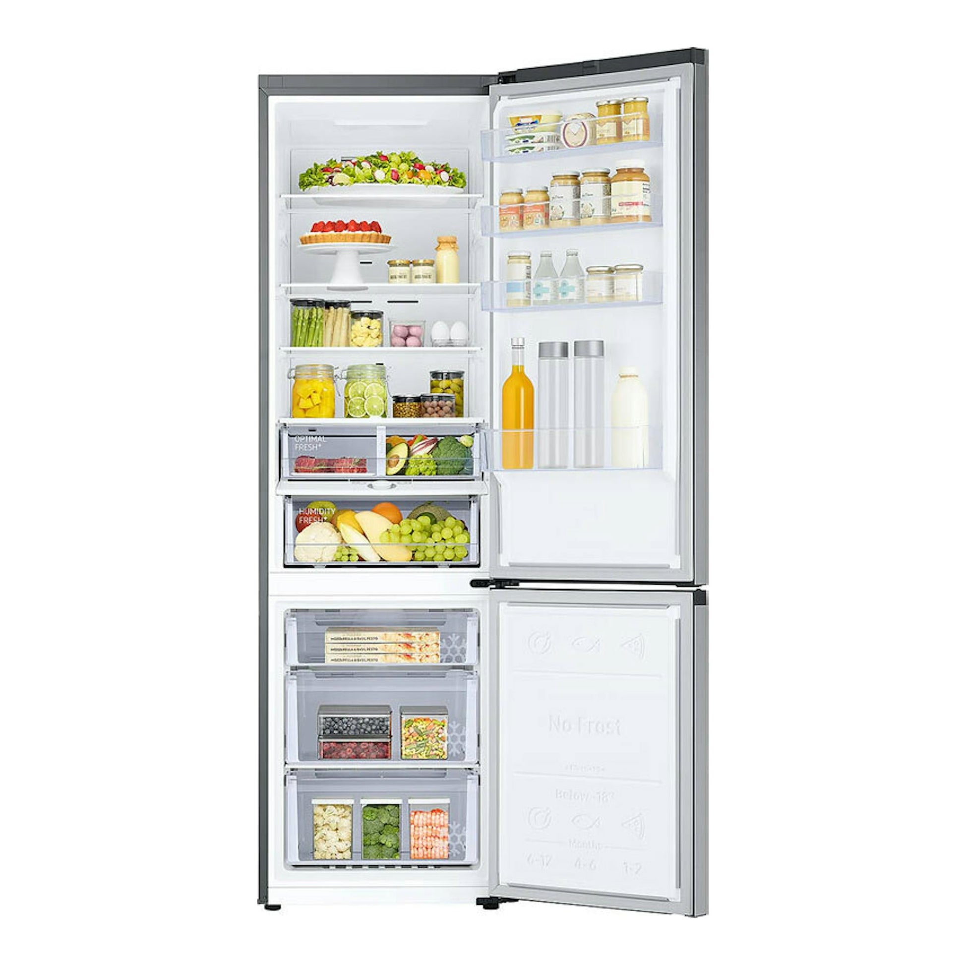Frigorífico combi Samsung RB38C603DSA/EF inox, vista frontal con puertas abiertas y compartimentos visibles.