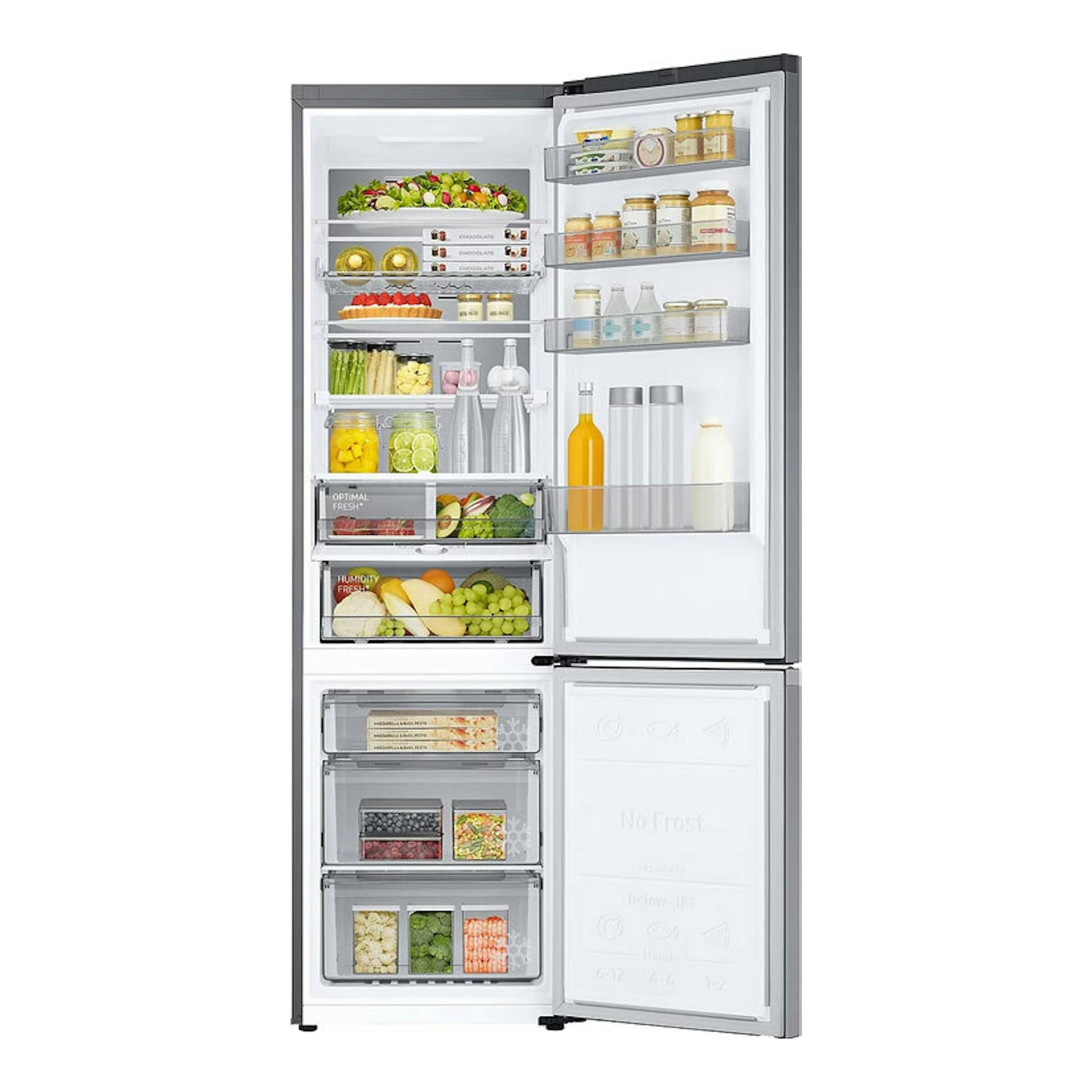 Frigorífico combi Samsung RB38C776CS9/EF inox, vista frontal con puertas abiertas e interior visible.
