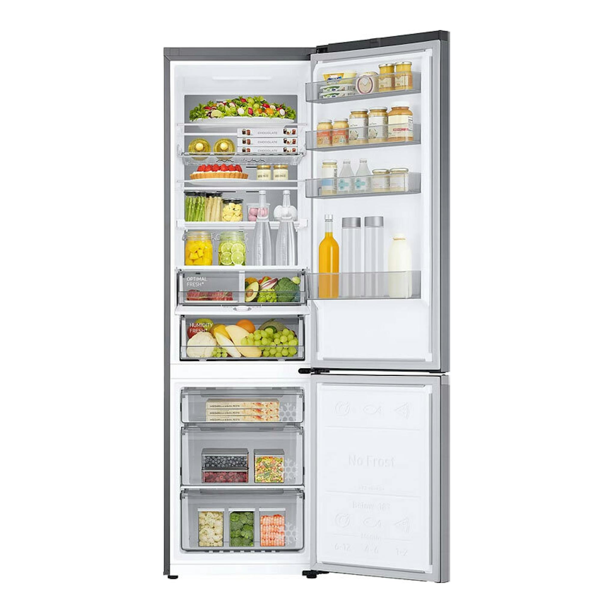 Frigorífico combi Samsung RB38C776CS9/EF inox, vista frontal con puertas abiertas e interior visible.