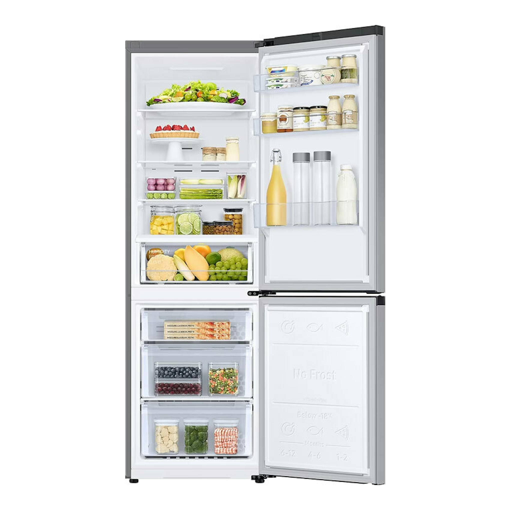 Frigorífico combi Samsung RB34C600CSA/EF inox, vista frontal con puertas abiertas y compartimentos visibles.