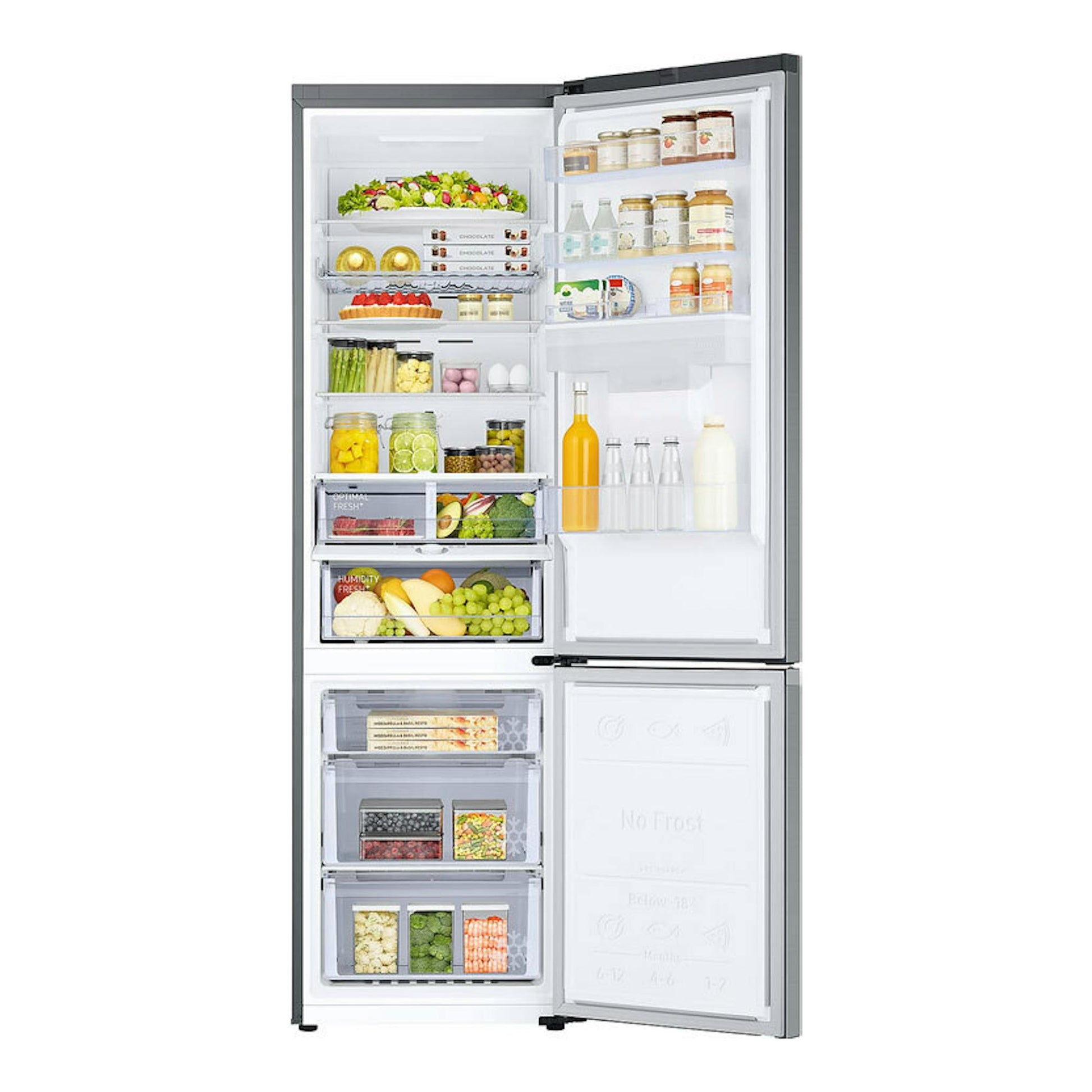 Frigorífico combi Samsung RB38C655DS9/EF inox, vista frontal abierto, con estantes y cajones con alimentos.