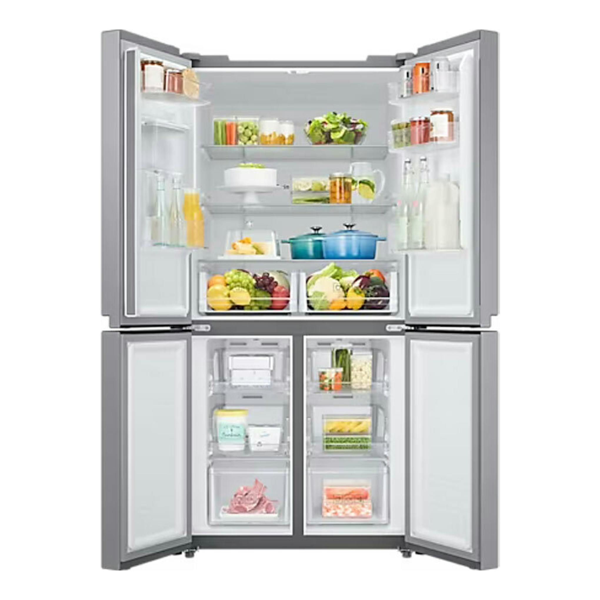 Frigorífico americano Samsung RF48A401EM9/EF inox, abierto, vista frontal con cuatro puertas y estantes interiores.