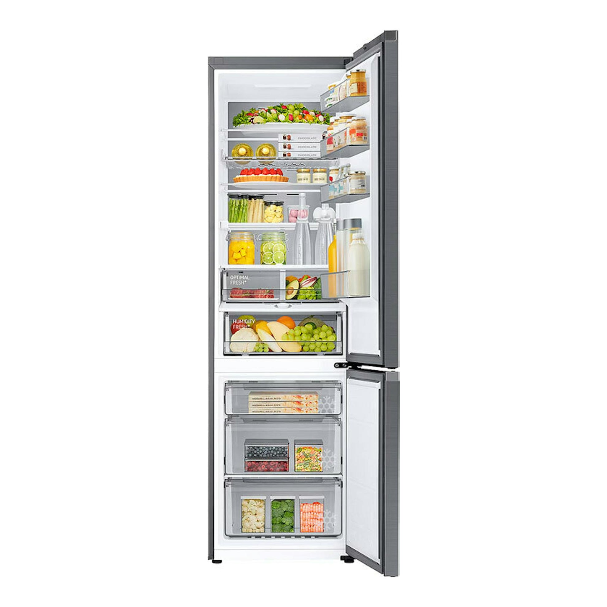 Frigorífico combi Samsung RB38C776ASR/EF inox, vista frontal con puertas abiertas y estantes visibles.