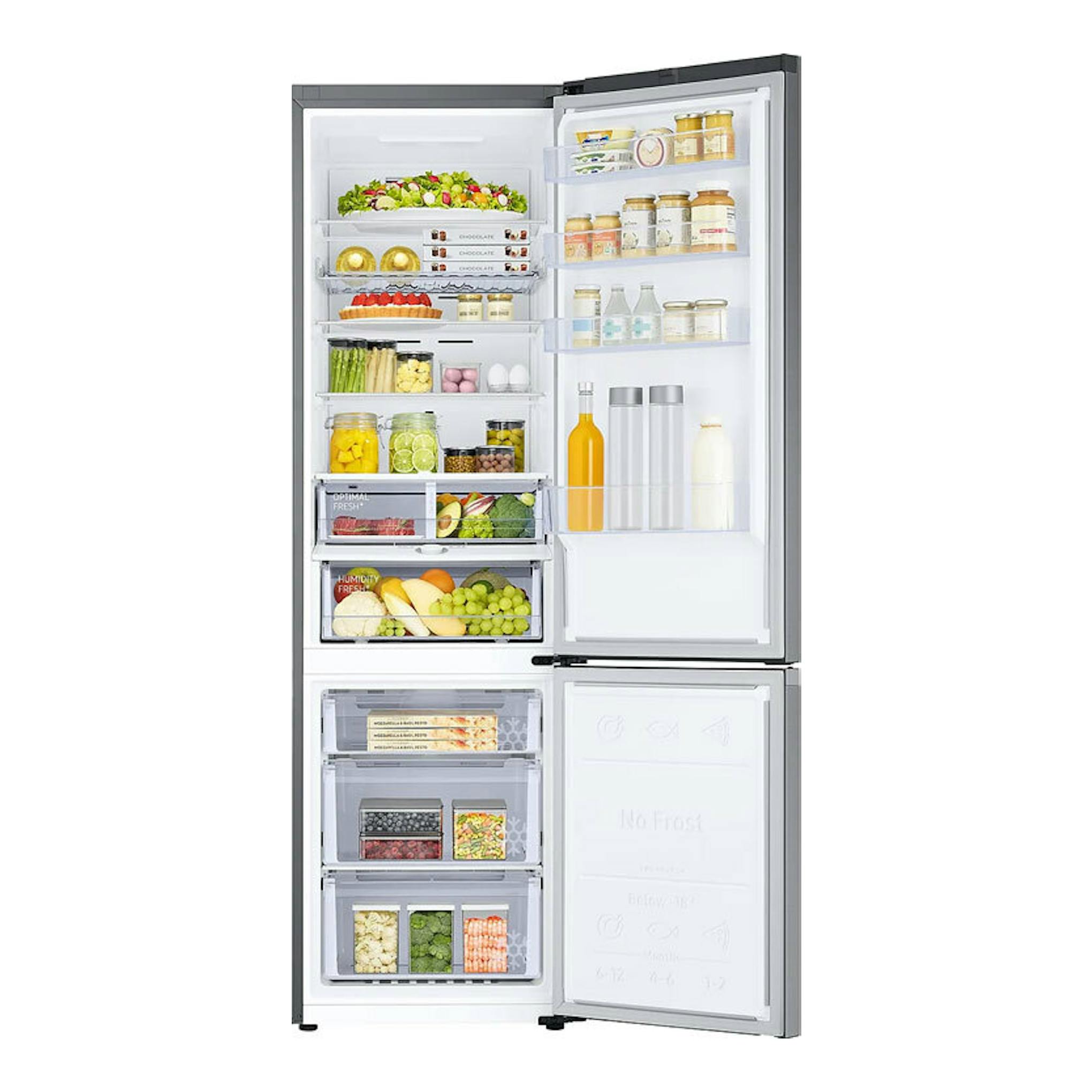 Frigorífico combi Samsung RB38C675CS9/EF inox, vista frontal abierto con compartimentos y cajones visibles.