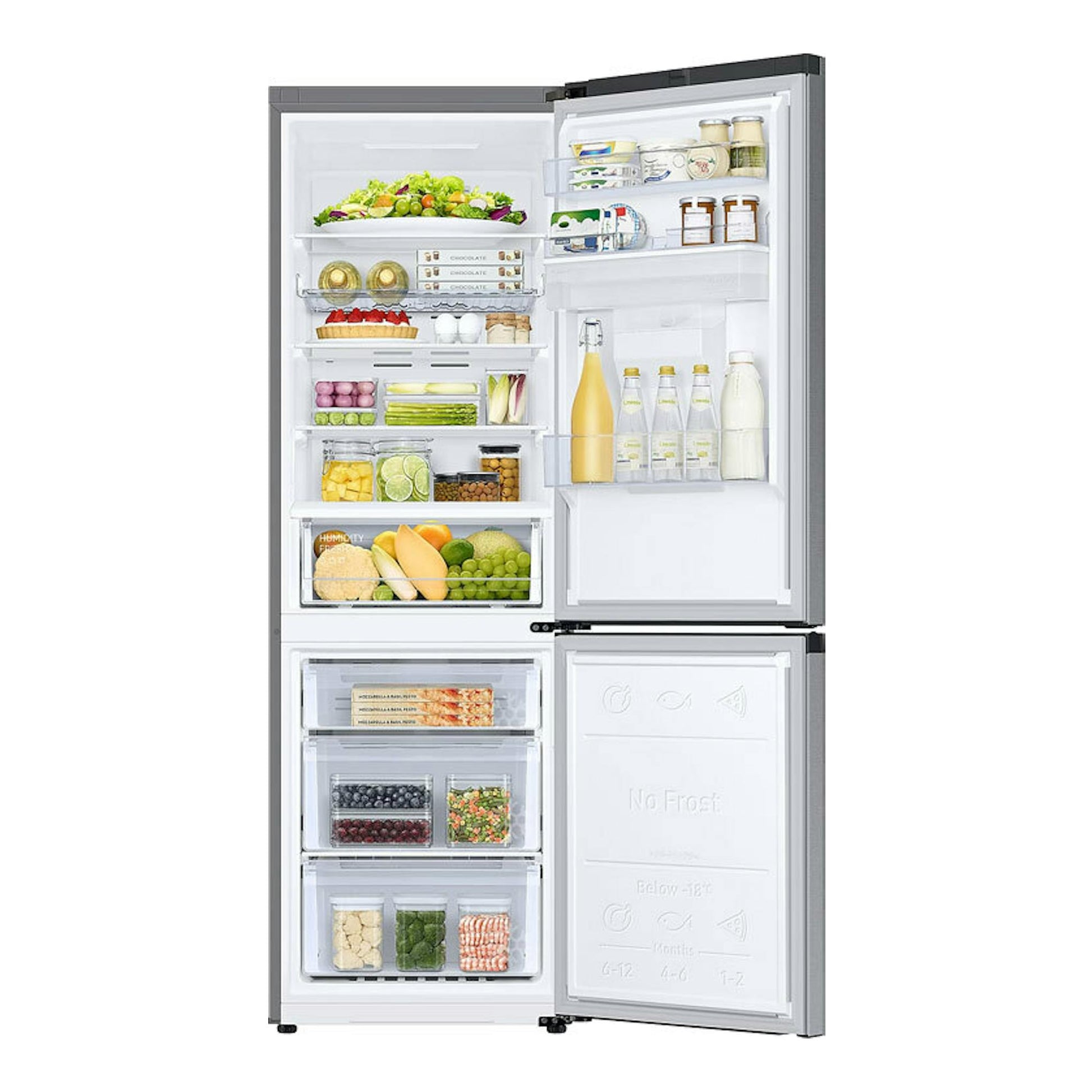 Frigorífico combi Samsung RB34C632DSA/EF inox, vista frontal con puertas abiertas y interior visible.