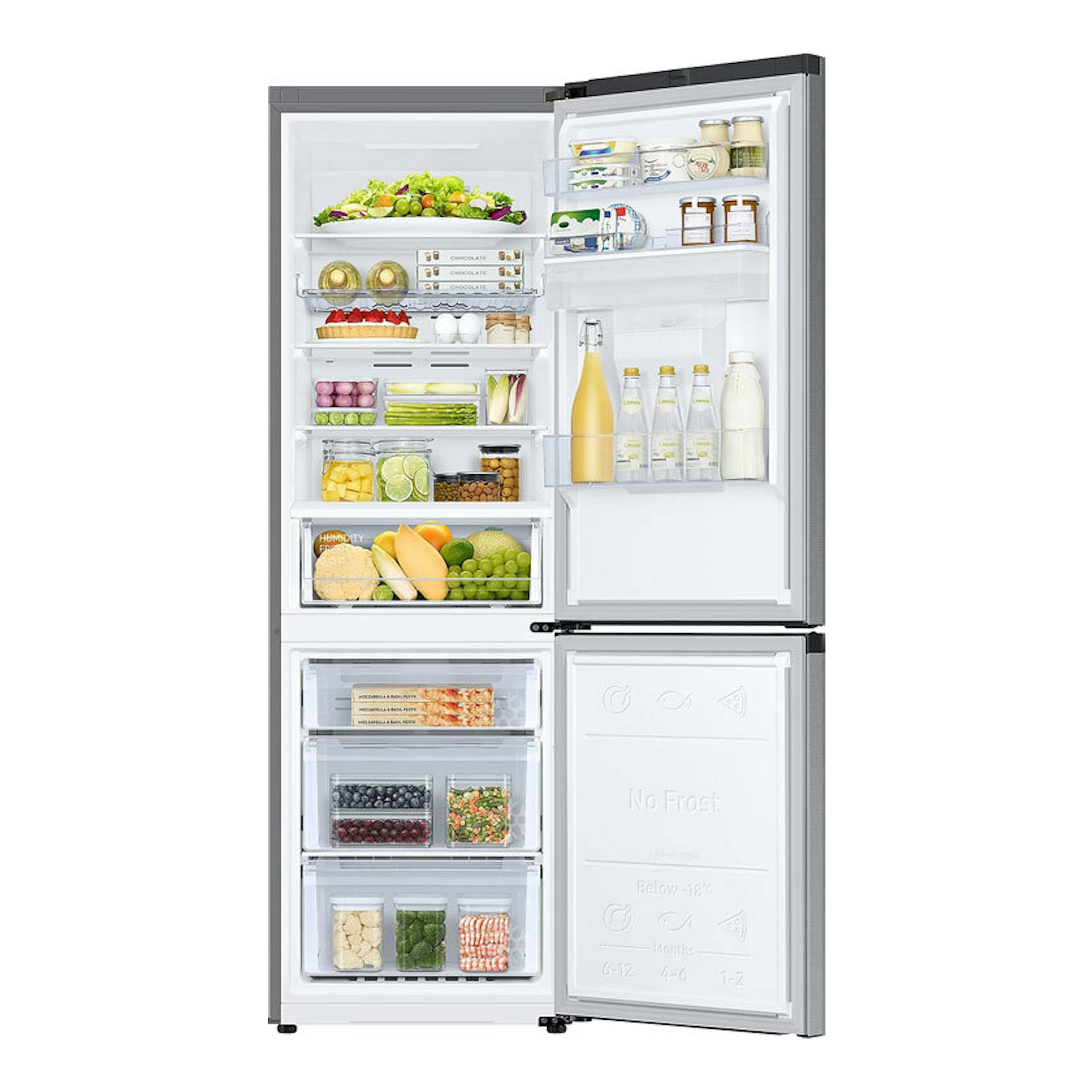 Frigorífico combi Samsung RB34C632DSA/EF inox, vista frontal con puertas abiertas y interior visible.