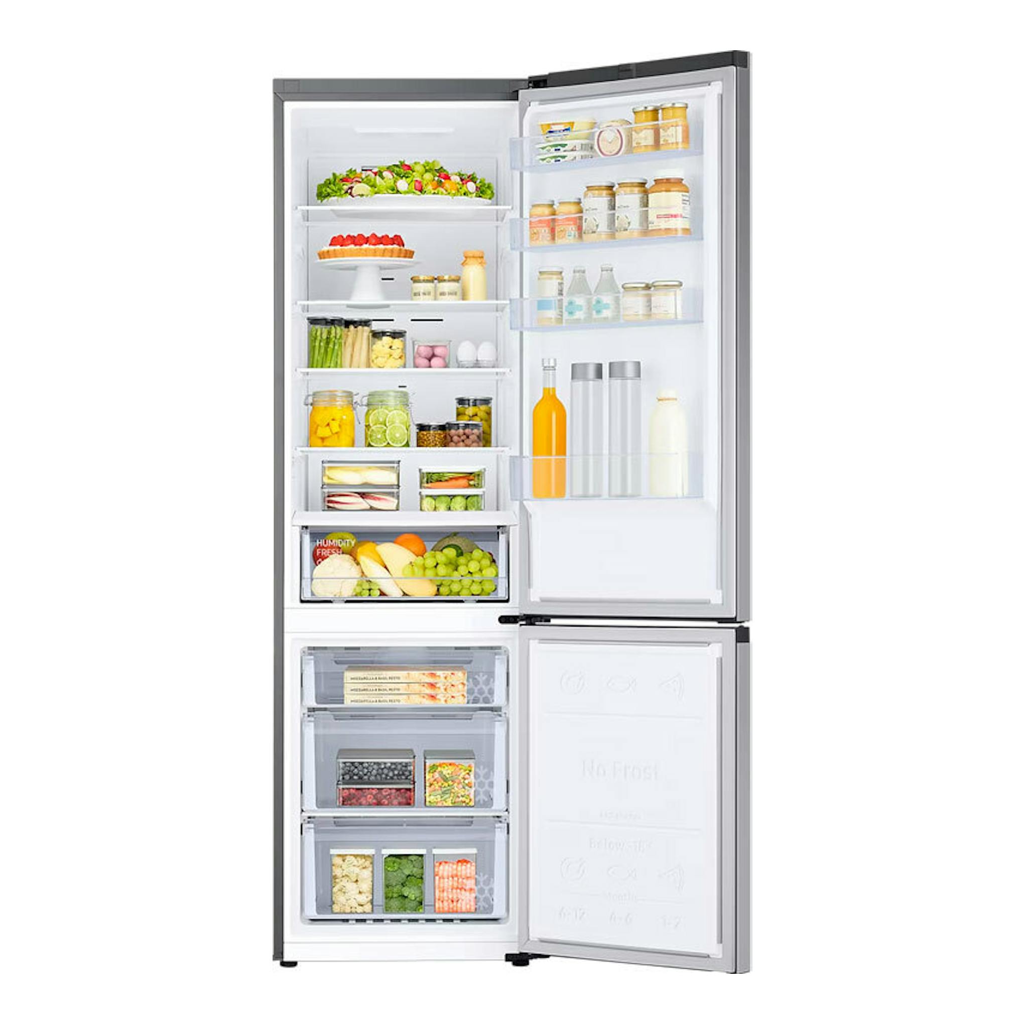 Frigorífico combi Samsung RB38C600ESA/EF inox, vista frontal con puertas abiertas y alimentos en su interior.