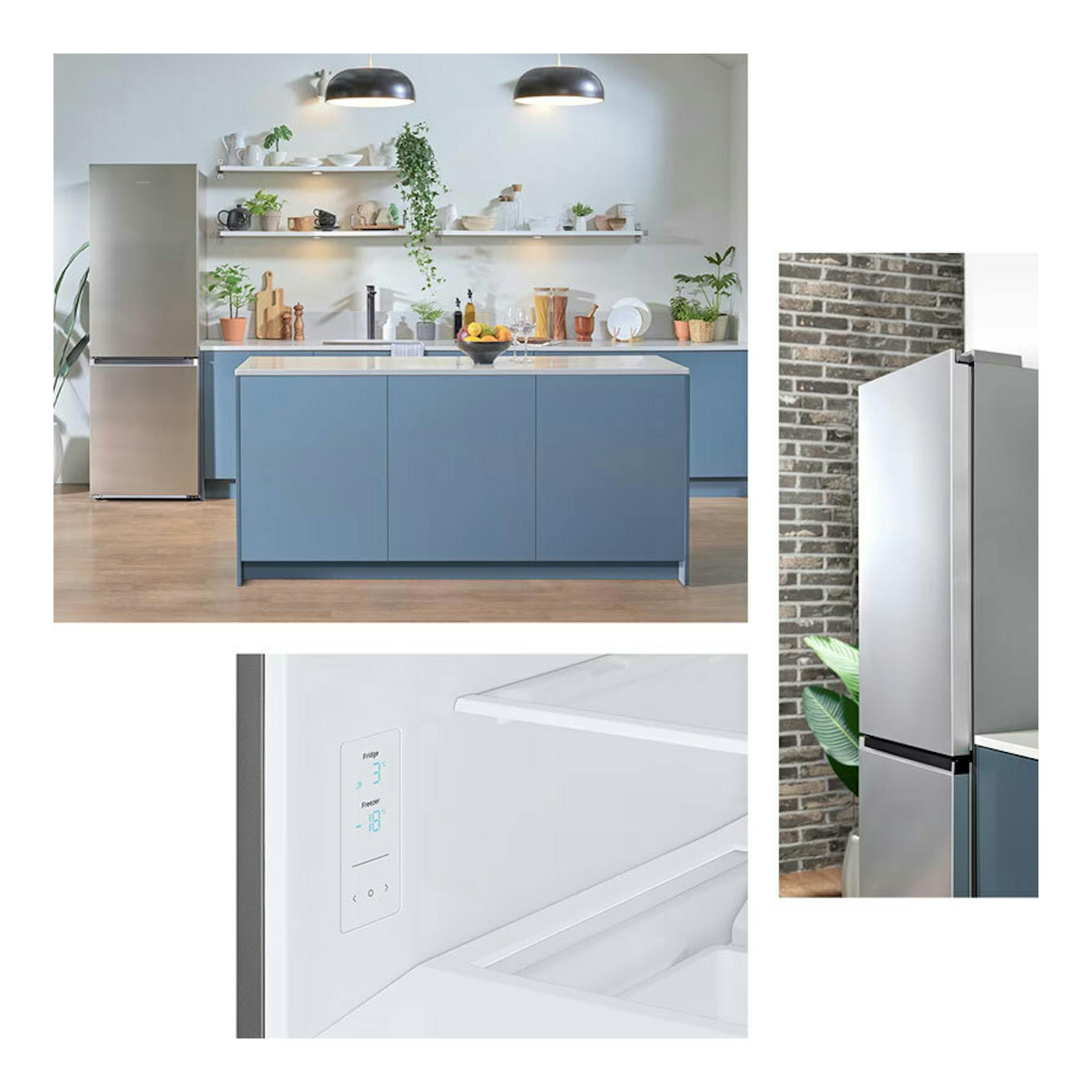 Frigorífico combi Samsung RB34C602DSA/EF inox, vista frontal, lateral e interior en cocina.