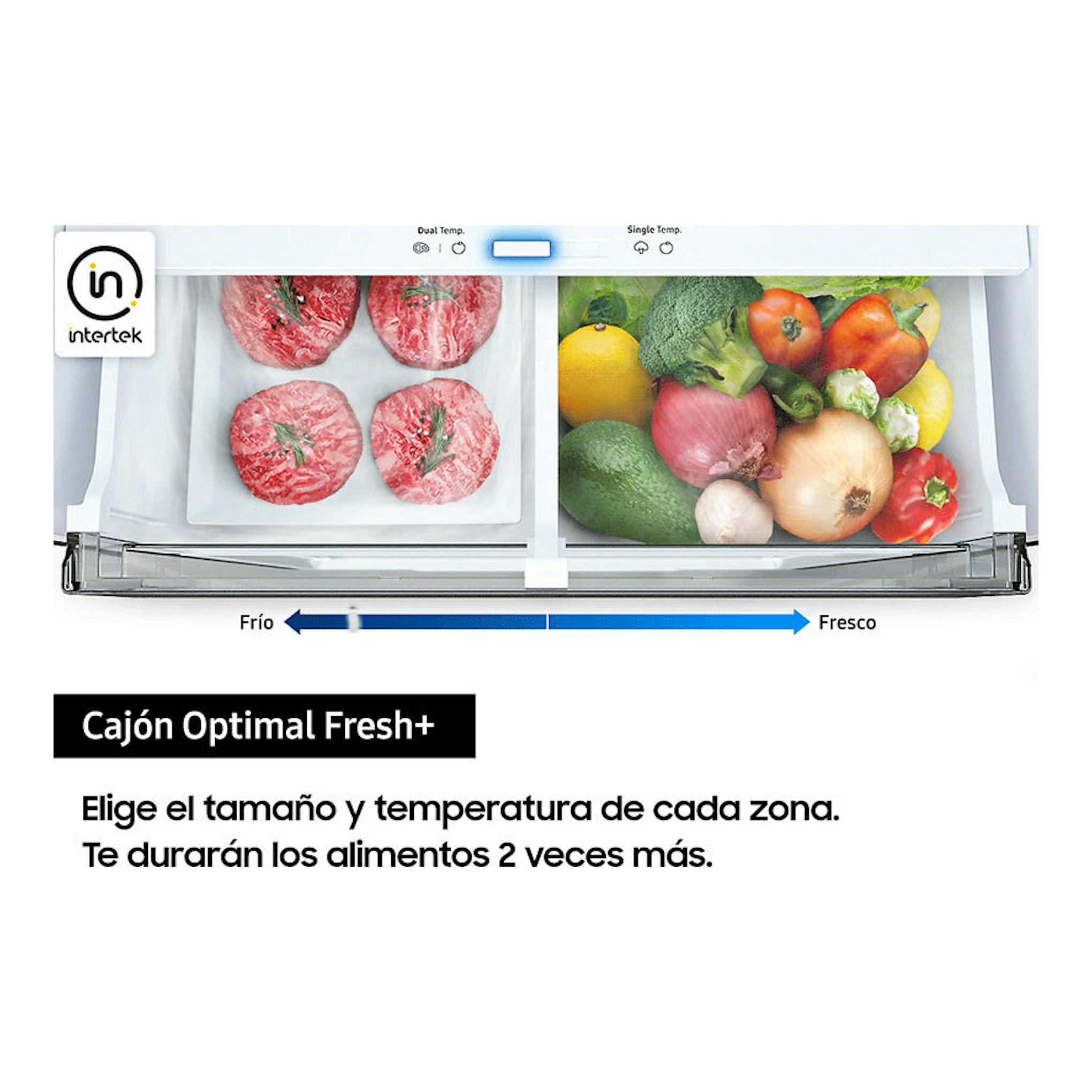 Samsung RB38C655DS9/EF Inox, cajón Optimal Fresh+ dividido en dos zonas con carne y verduras.