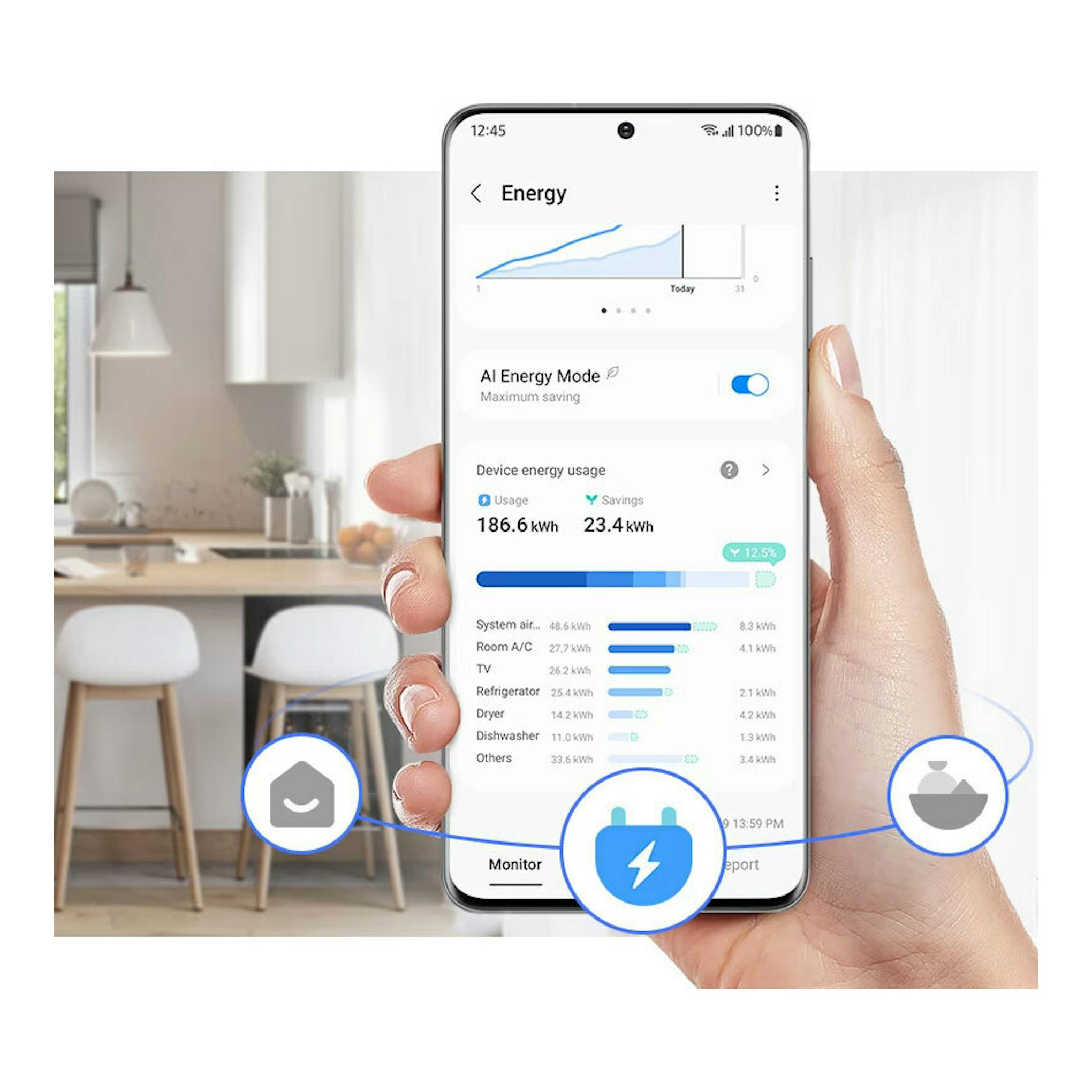 Frigorífico Samsung RB34C600CSA/EF Inox: smartphone con app de energía en una cocina.