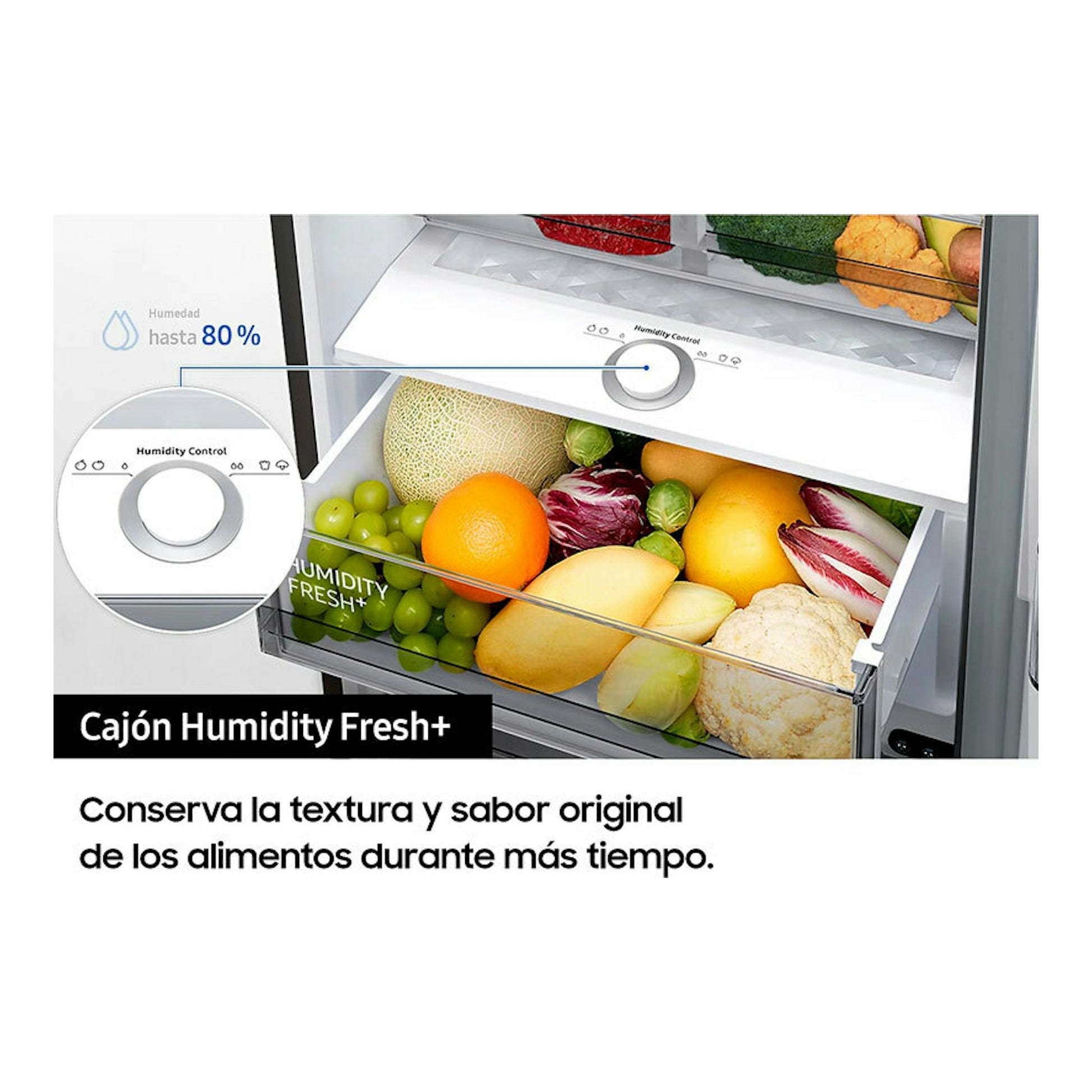 Samsung RB38C603CS9/EF: cajón Humidity Fresh+ con frutas y verduras y control de humedad.