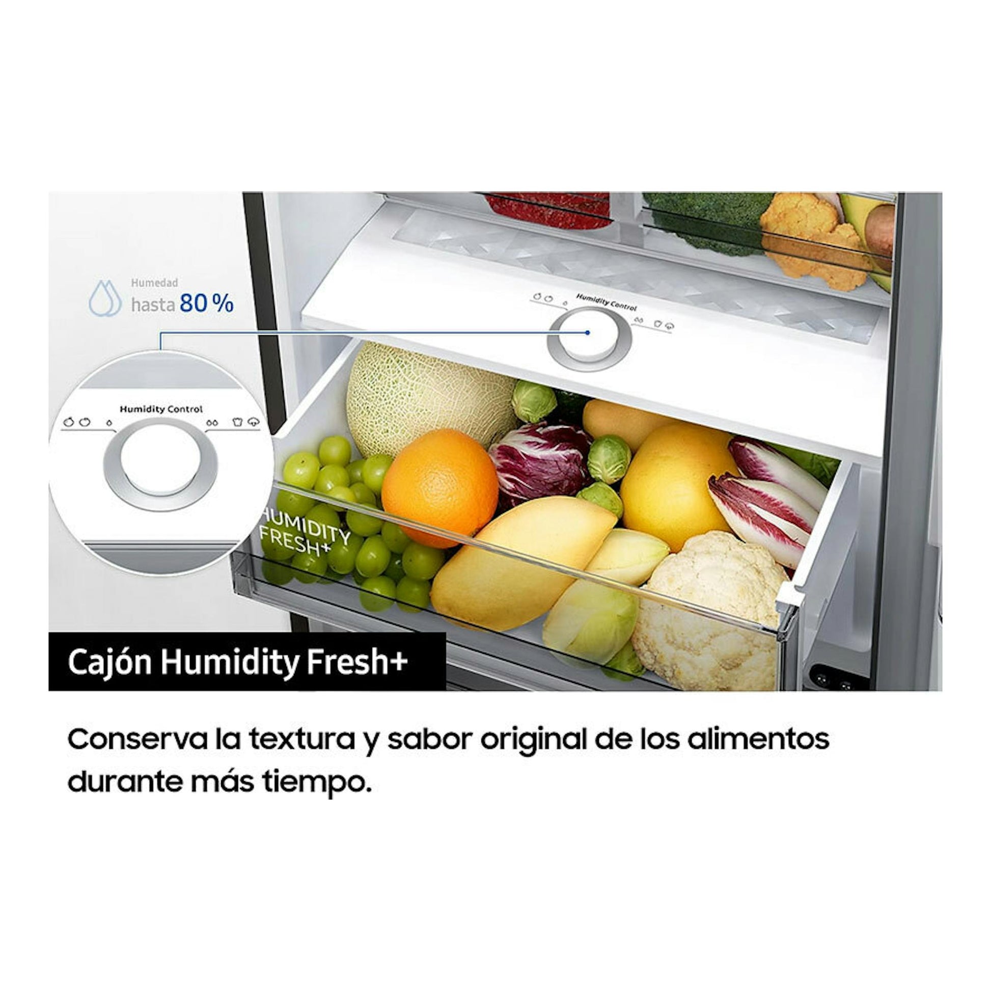 Frigorífico Samsung RB38C675CS9/EF inox con cajón Humidity Fresh+ y frutas y verduras.
