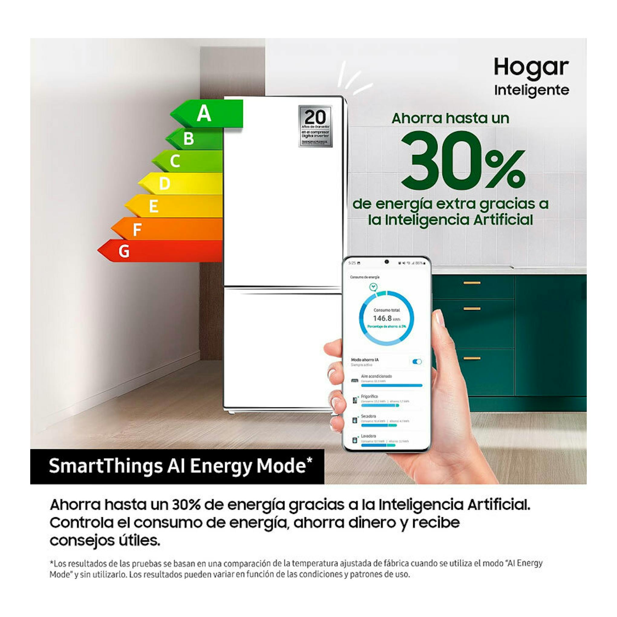 Frigorífico combi Samsung RB38C776ASR/EF blanco, vista frontal, con móvil y escala energética.