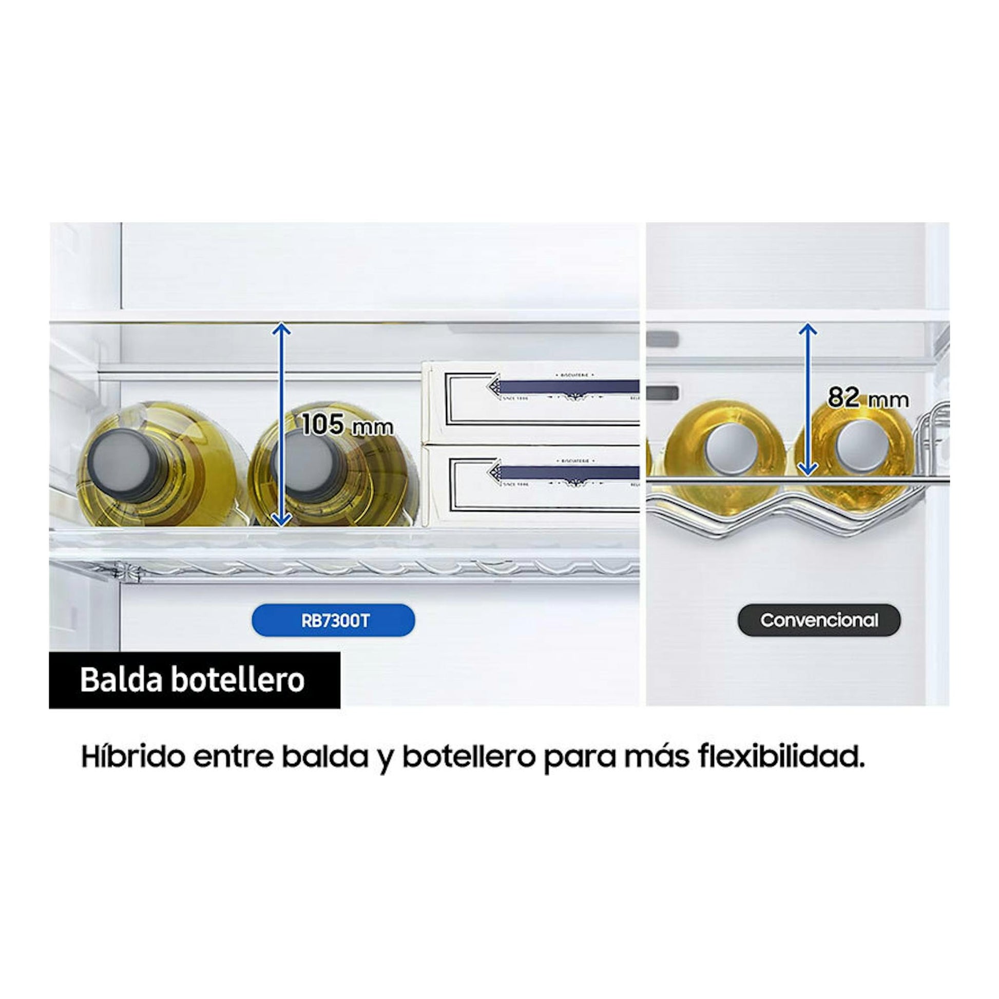 Frigorífico Samsung RB34C632DSA/EF en interior, balda botellero con botellas y cajas, vista frontal.