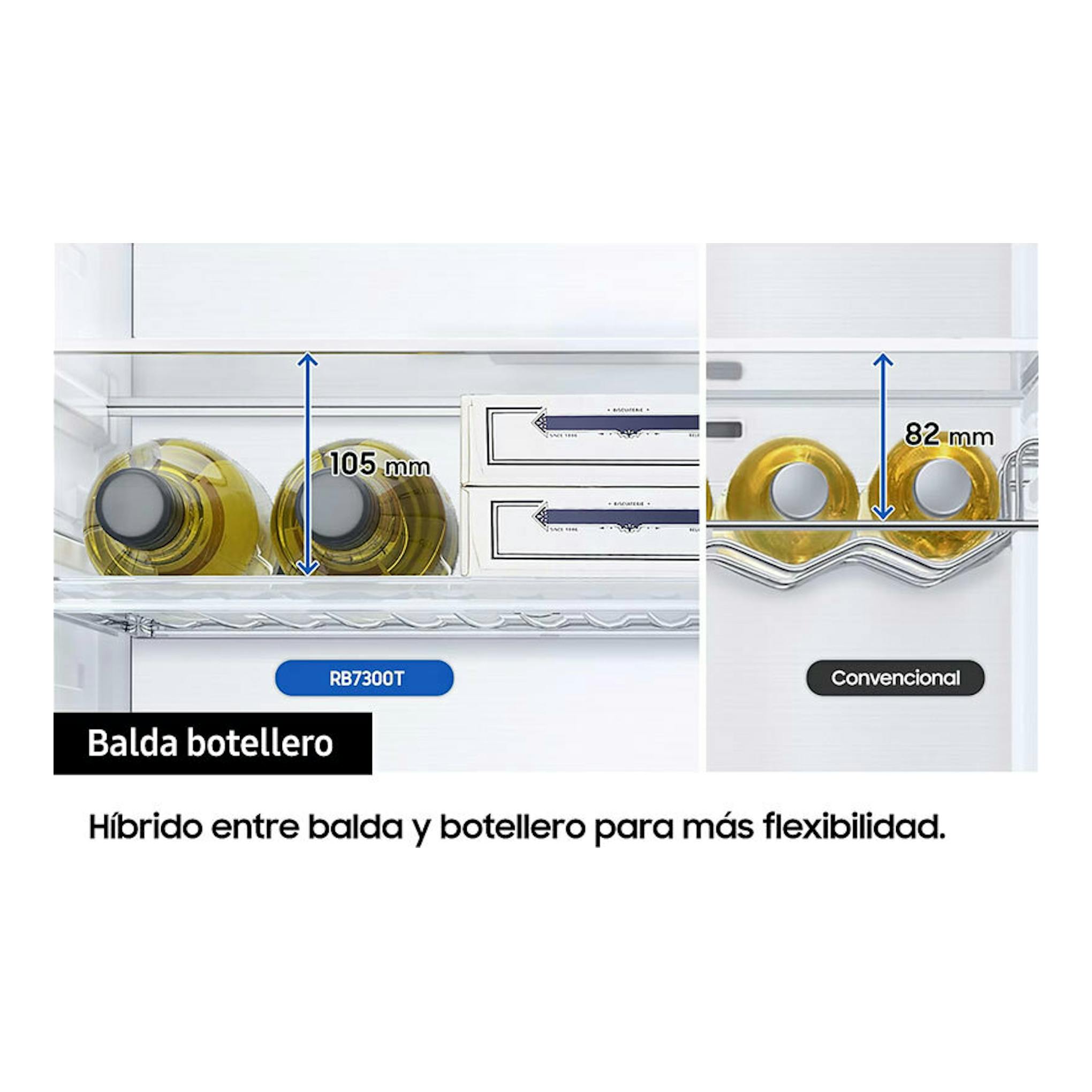 Frigorífico Samsung RB34C632DSA/EF en interior, balda botellero con botellas y cajas, vista frontal.