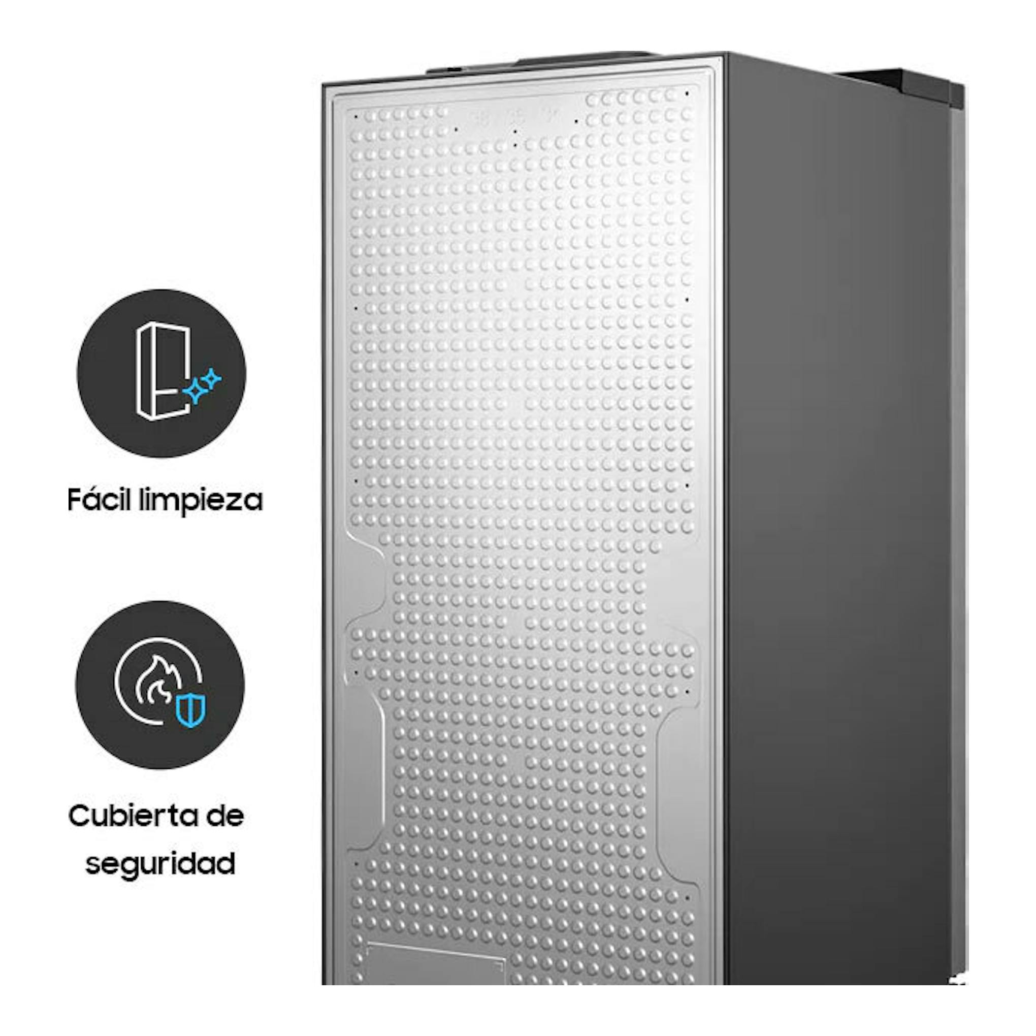 Samsung RB34C602DSA/EF Inox, vista lateral trasera de frigorífico combi gris plateado.
