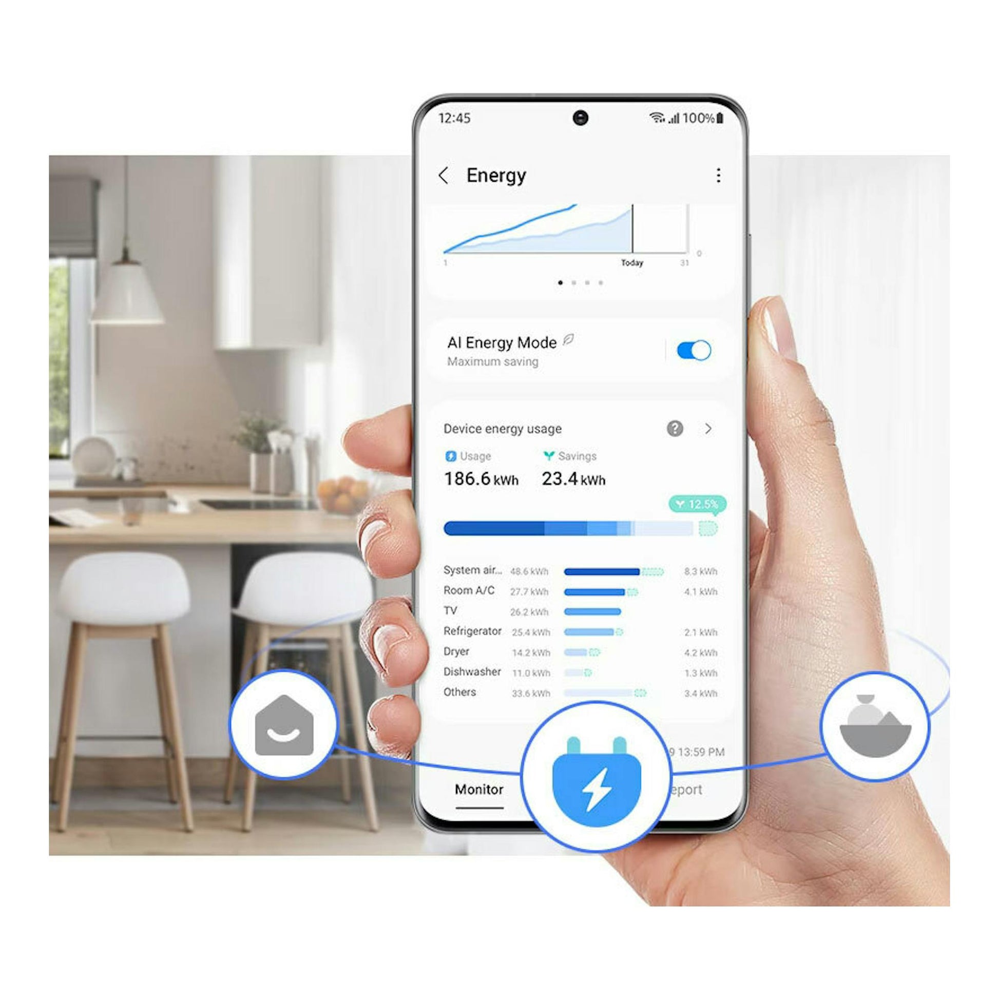 Mano sostiene un móvil con la app Energy en una cocina, con iconos de electrodomésticos en pantalla.