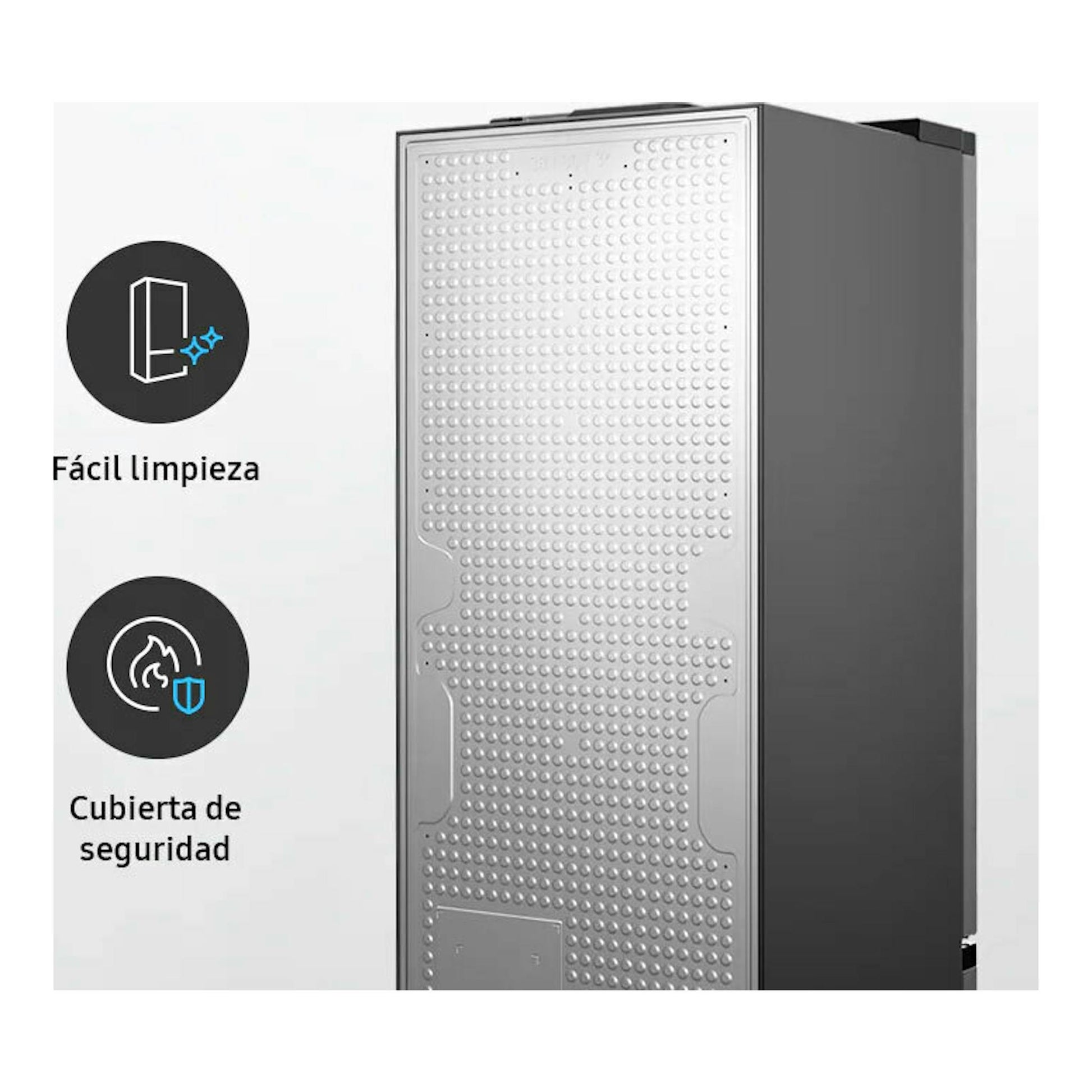 Frigorífico combi Samsung RB34C600CSA/EF inox, vista trasera lateral con panel metálico y lateral gris.