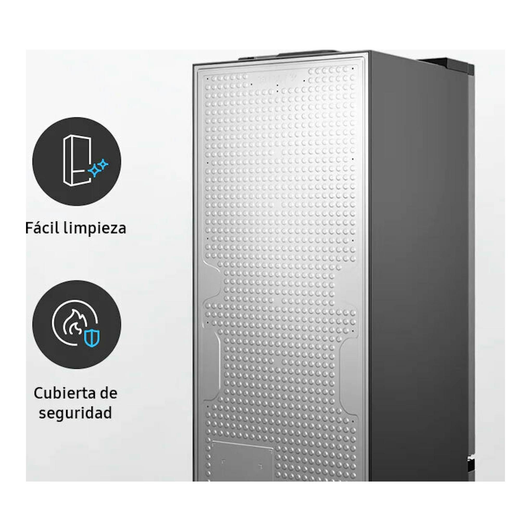 Frigorífico combi Samsung RB34C600CSA/EF inox, vista trasera lateral con panel metálico y lateral gris.