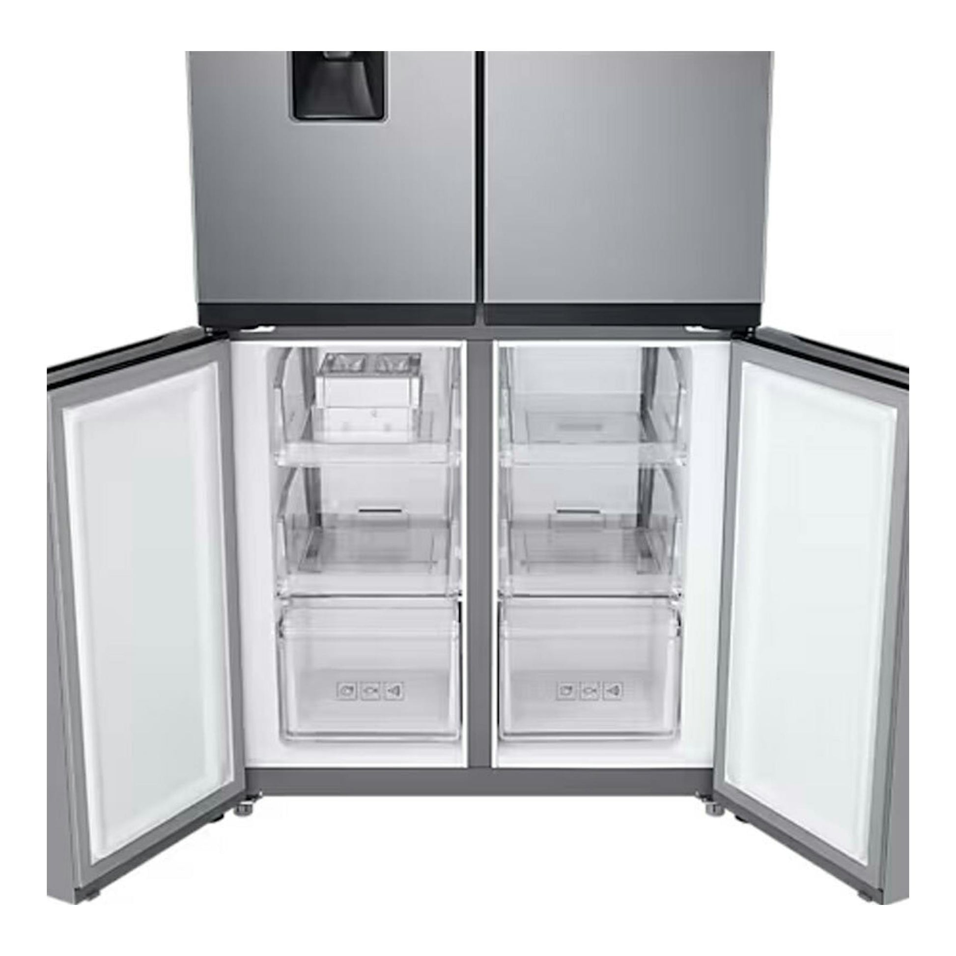 Frigorífico americano Samsung RF48A401EM9/EF inox, vista frontal con puertas abiertas.