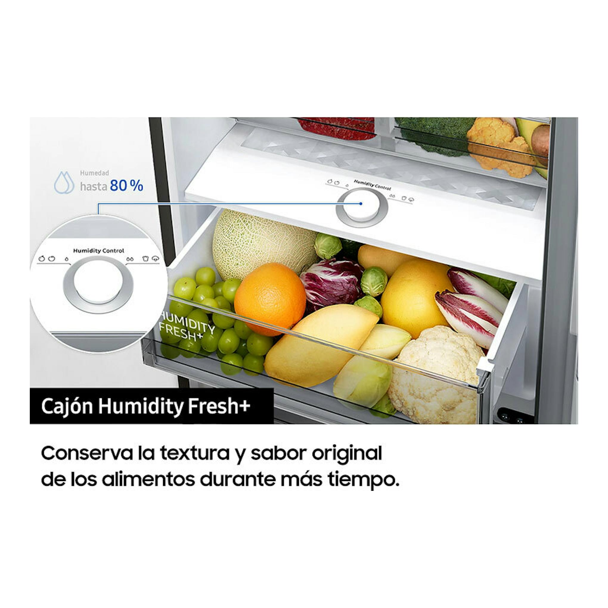 Frigorífico Samsung inox, vista frontal del cajón Humidity Fresh+ con frutas y verduras.