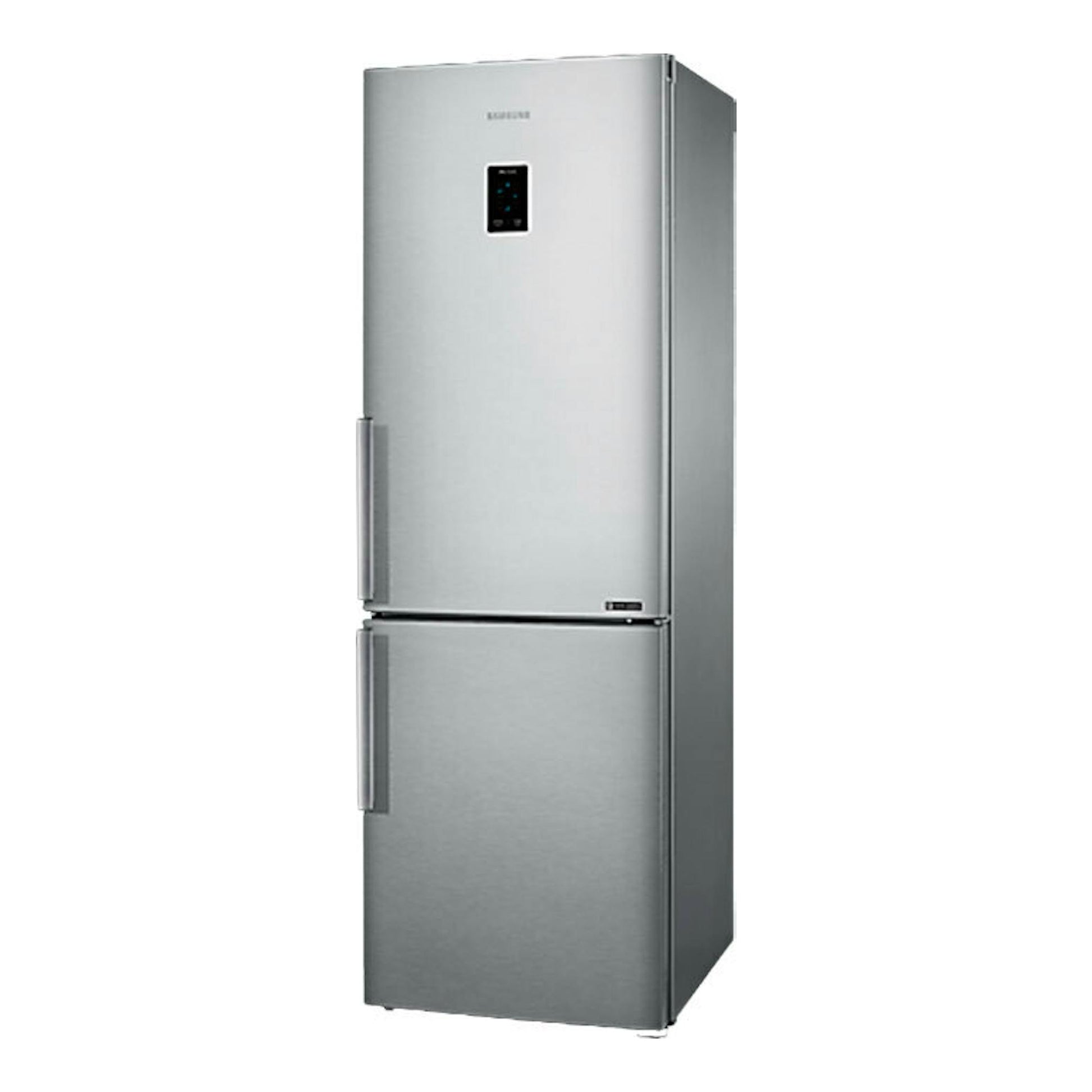 Frigorífico combi Samsung RB33J3315SA/EF inox, vista frontal en ángulo, con dos puertas y panel superior.
