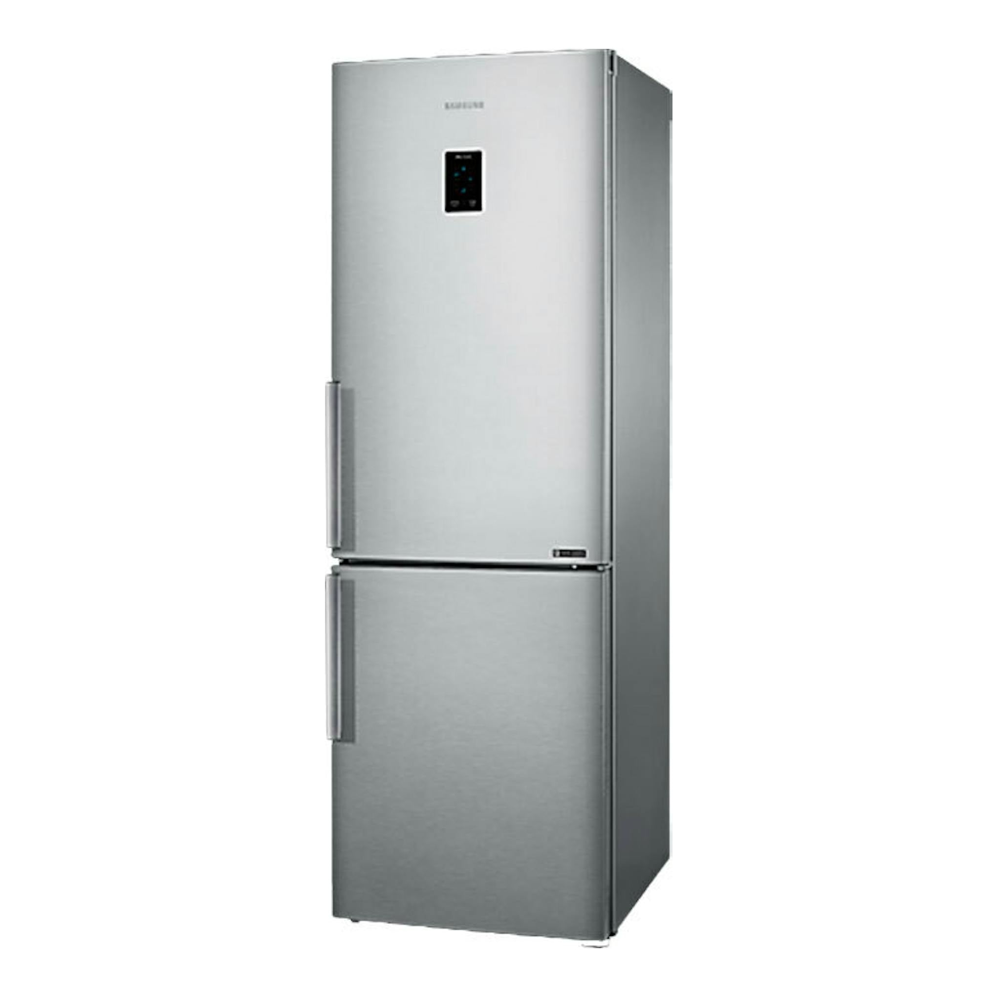 Frigorífico combi Samsung RB33J3315SA/EF inox, vista frontal en ángulo, con dos puertas y panel superior.
