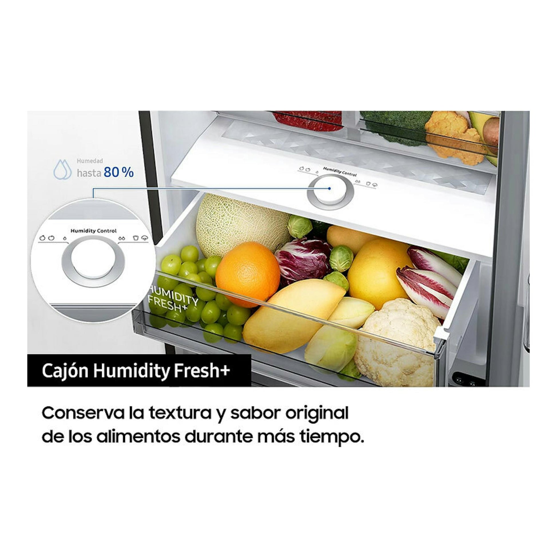 Samsung RB38C776CS9/EF: cajón Humidity Fresh+ del frigorífico, vista frontal con frutas y verduras.