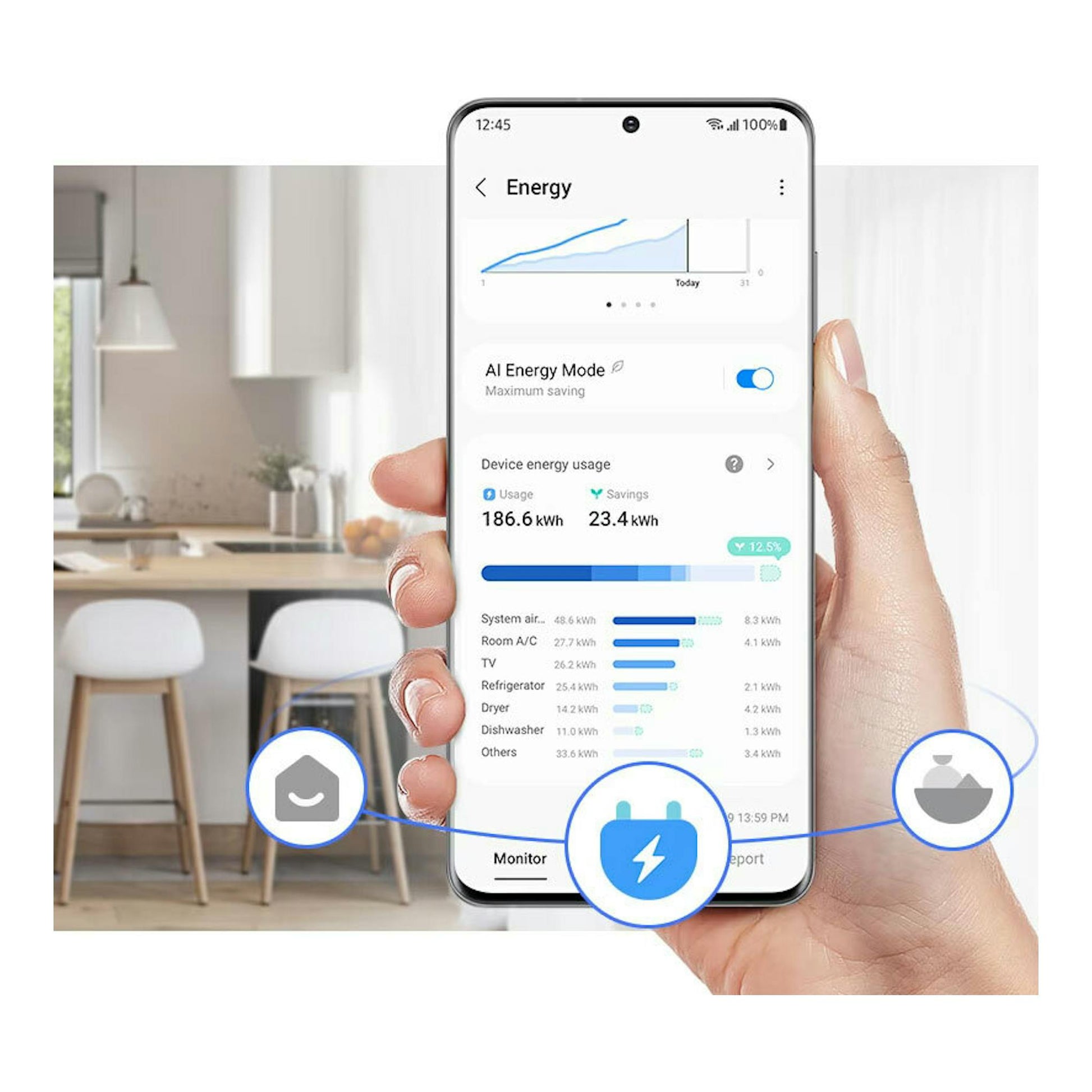 Mano sosteniendo un móvil con la app Energy, frente a una cocina desenfocada.