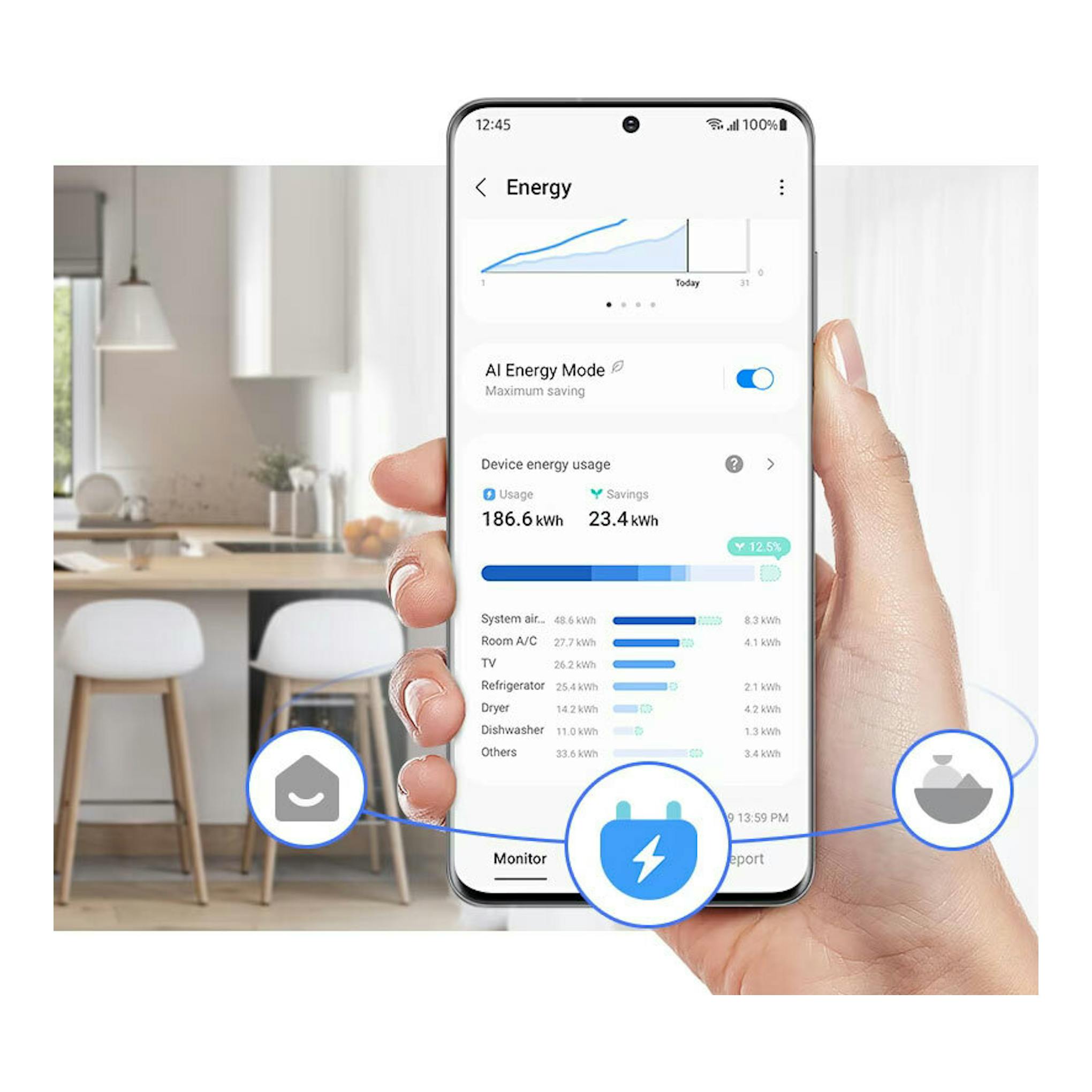 Mano sosteniendo un móvil con la app Energy, frente a una cocina desenfocada.