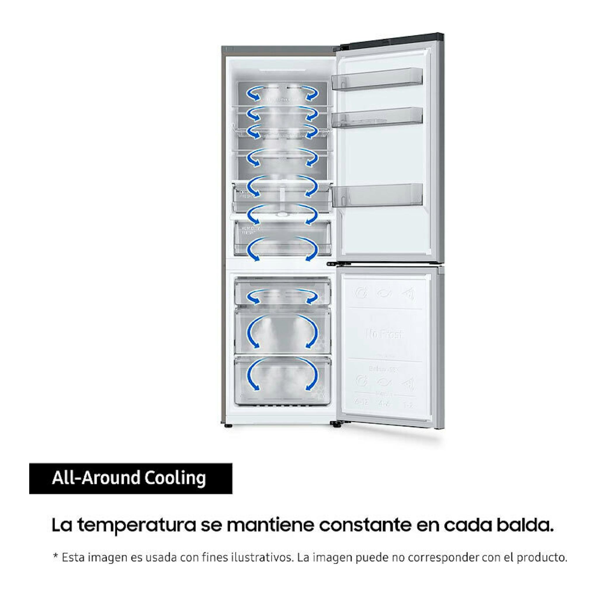 Frigorífico combi Samsung RB38C600CS9/EF inox, vista frontal con puertas abiertas y estantes visibles.