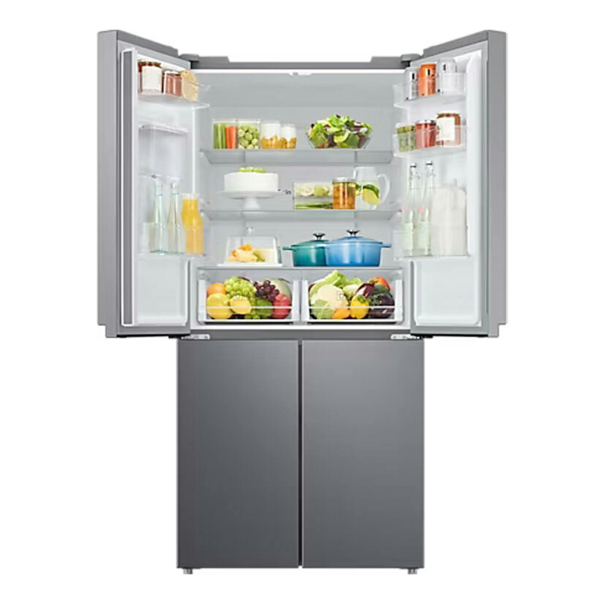 Frigorífico americano Samsung RF48A401EM9/EF inox, vista frontal con puertas abiertas y estantes llenos.