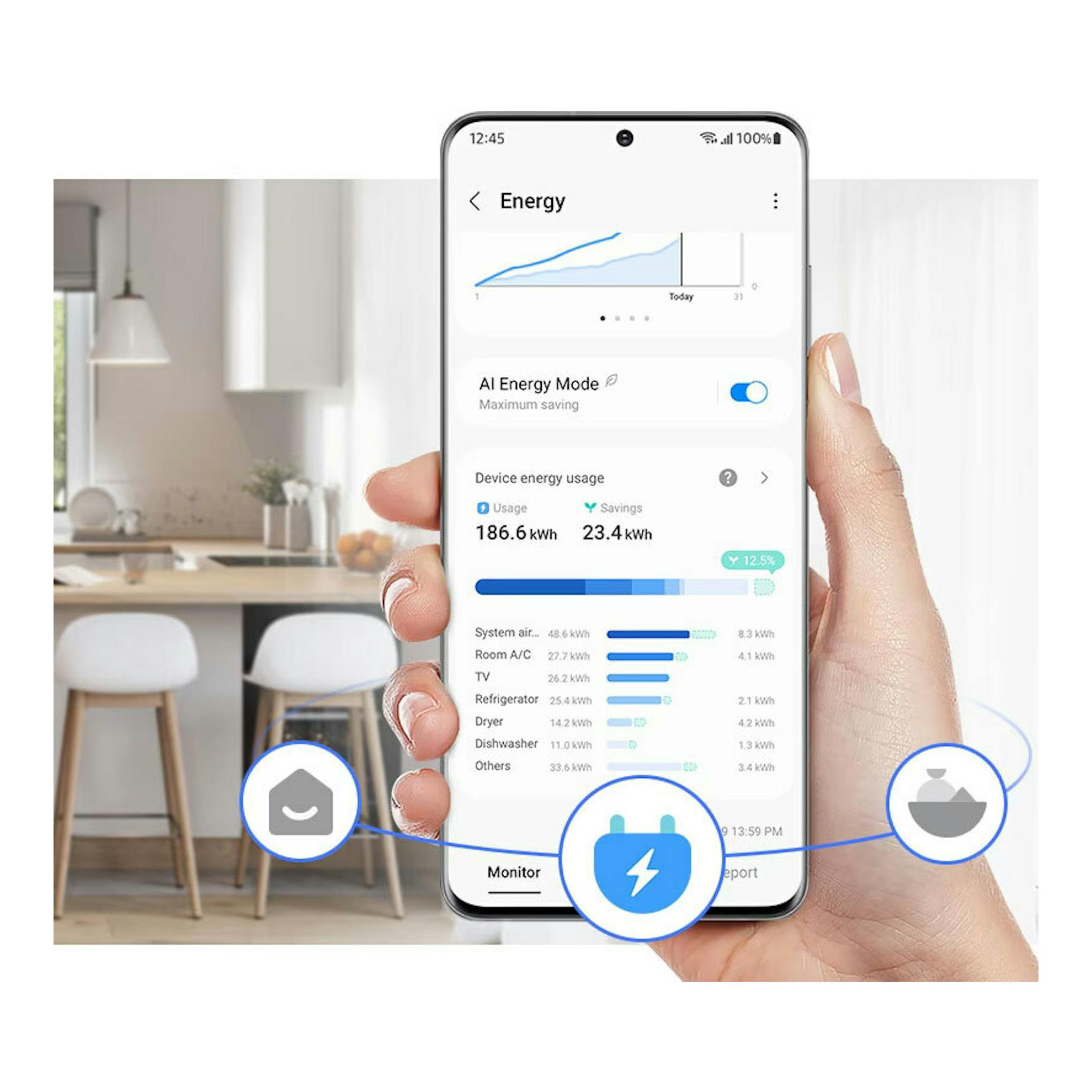 Frigorífico Samsung RB34C632DSA/EF: mano con móvil mostrando app de energía en una cocina.