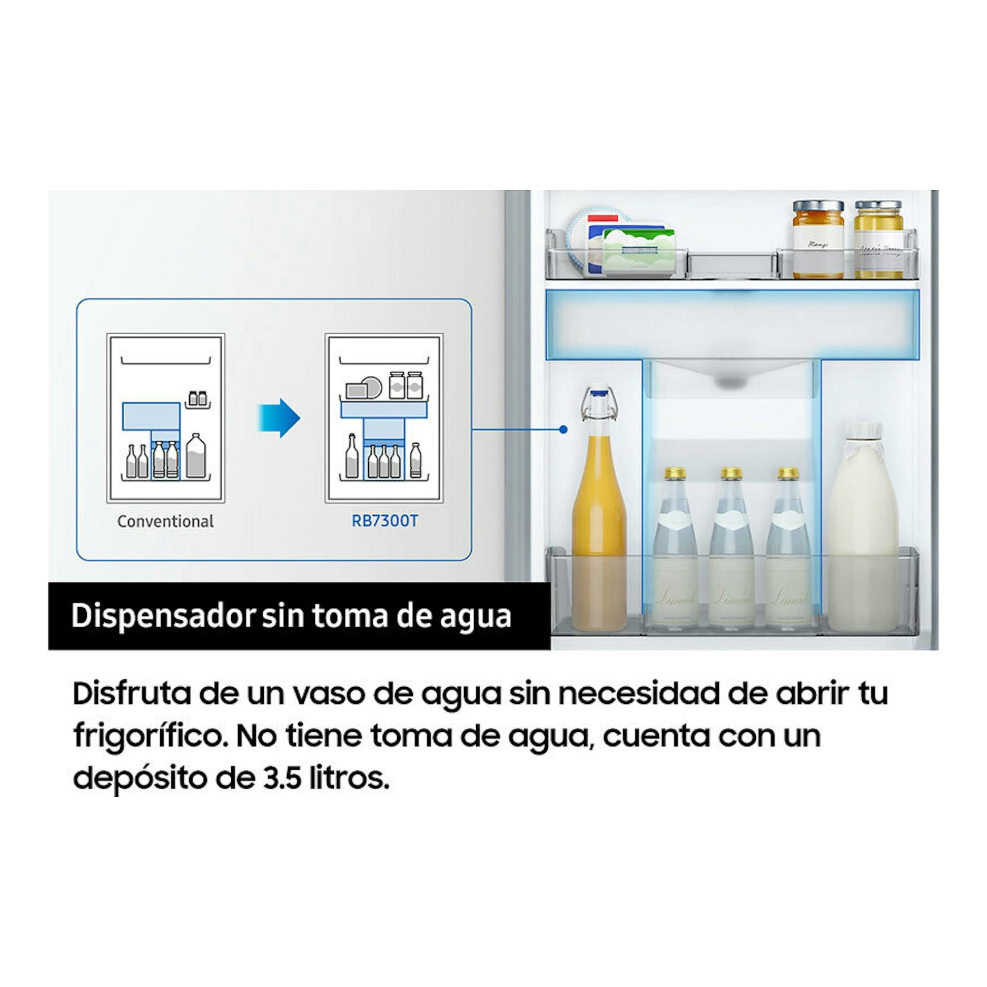 Vista frontal parcial del frigorífico combi Samsung RB38C655DS9/EF inox, con dispensador de agua y botellas.