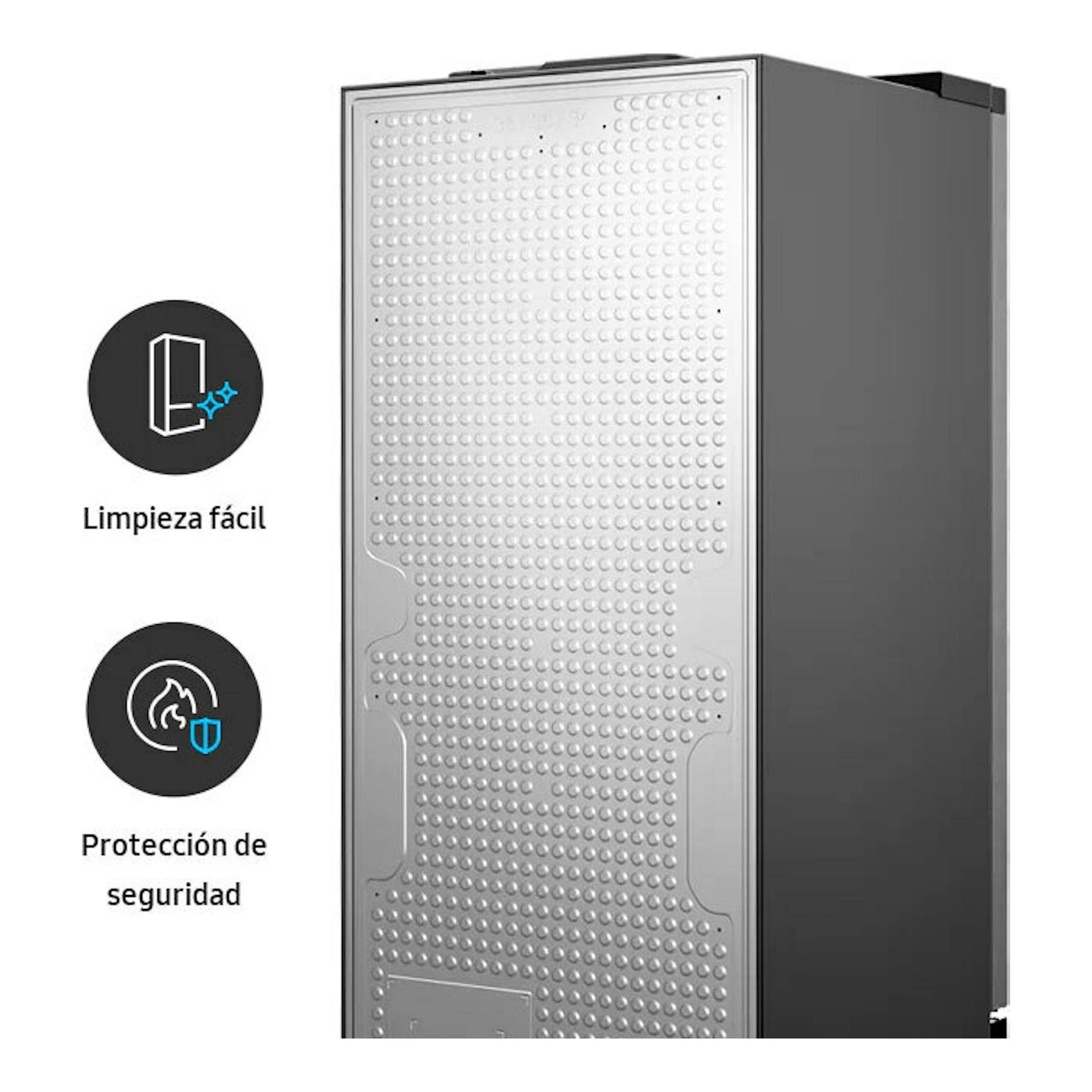 Frigorífico combi Samsung RB38C7B6AS9/EF inox, vista lateral trasera con panel metálico texturizado.