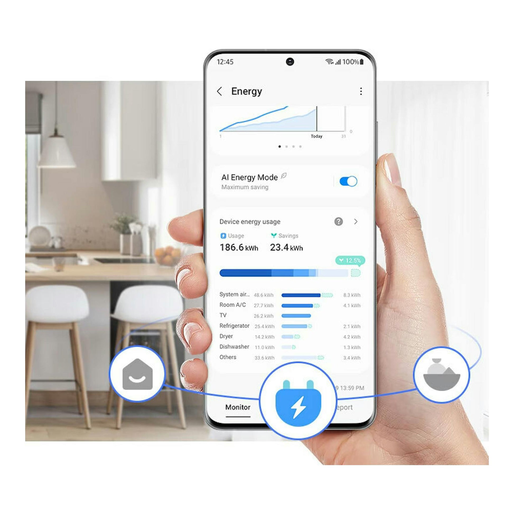 Samsung RB38C655DS9/EF: smartphone en mano con pantalla de control energético, cocina al fondo.