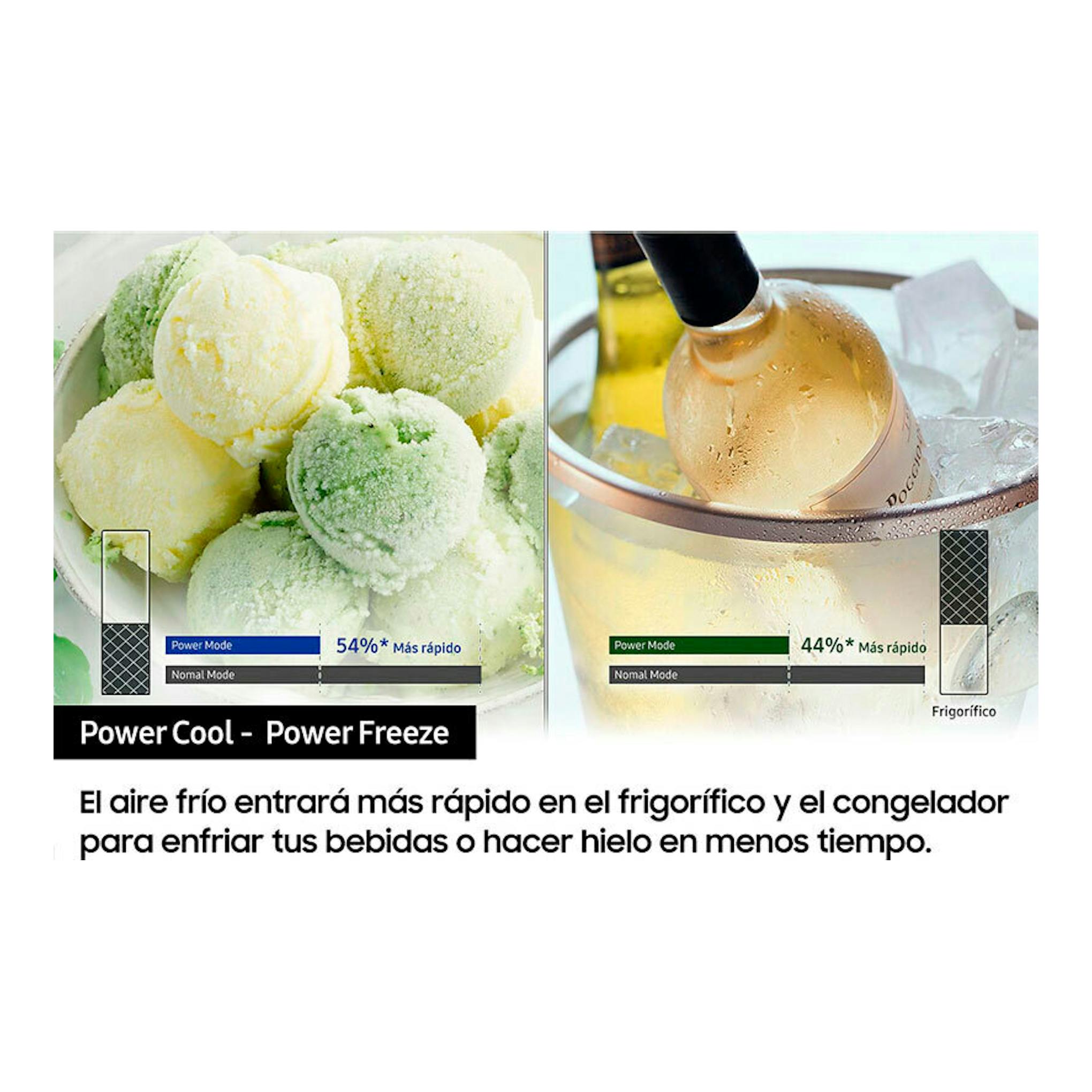 Gráfico promocional de Samsung RB38C600CS9/EF: helados y vino sobre hielo, con texto Power Cool/Power Freeze.