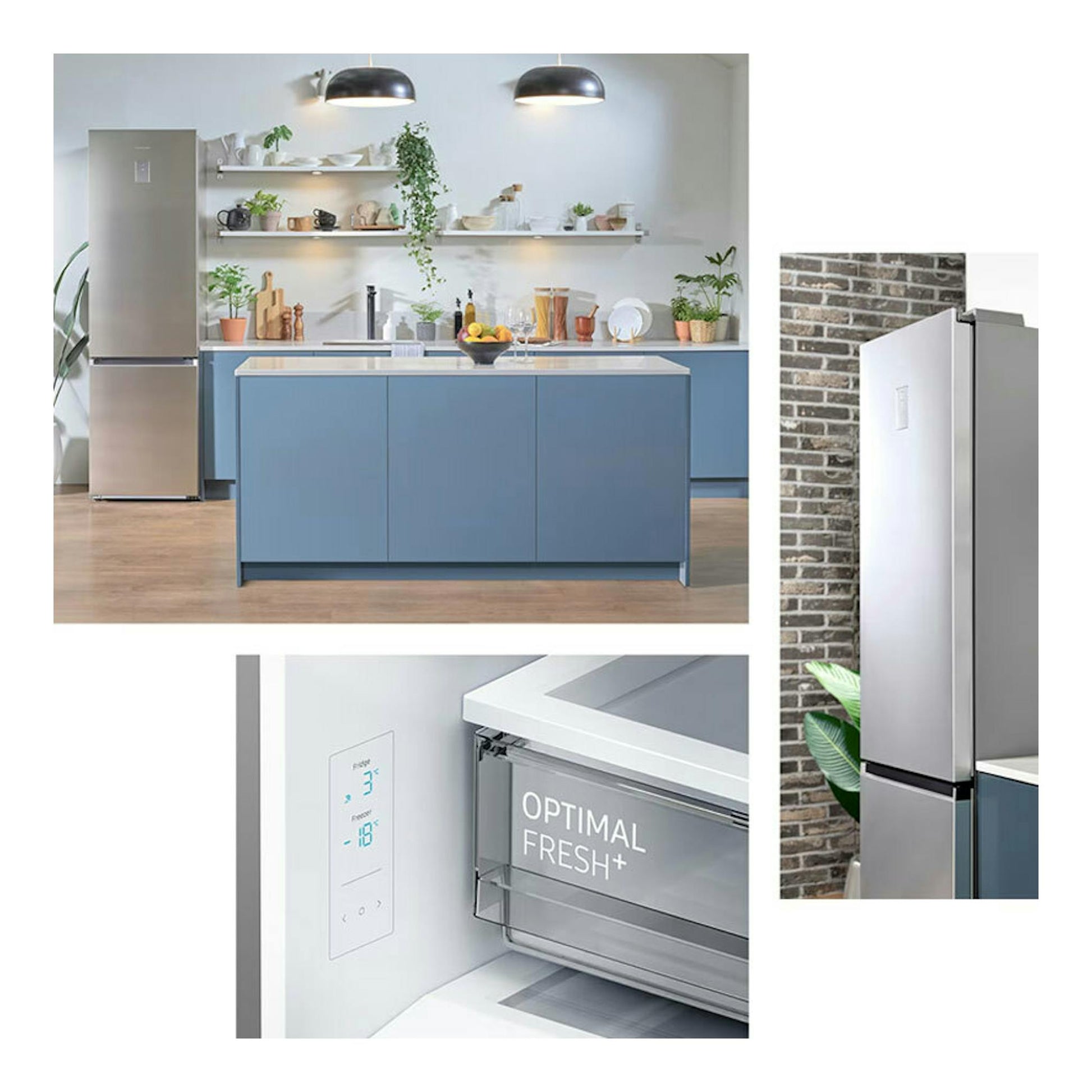 Frigorífico combi Samsung RB38C776CS9/EF inox, vista frontal y detalle interior en cocina moderna.