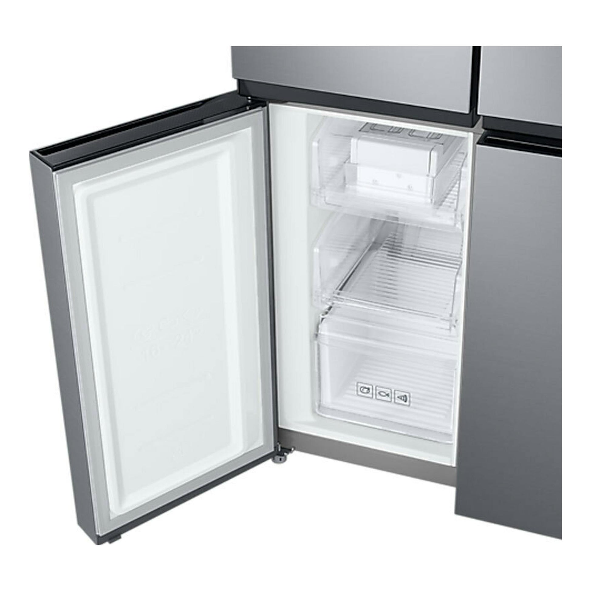 Frigorífico americano Samsung RF48A401EM9/EF inox, puerta abierta en vista frontal con interior y cajones visibles.
