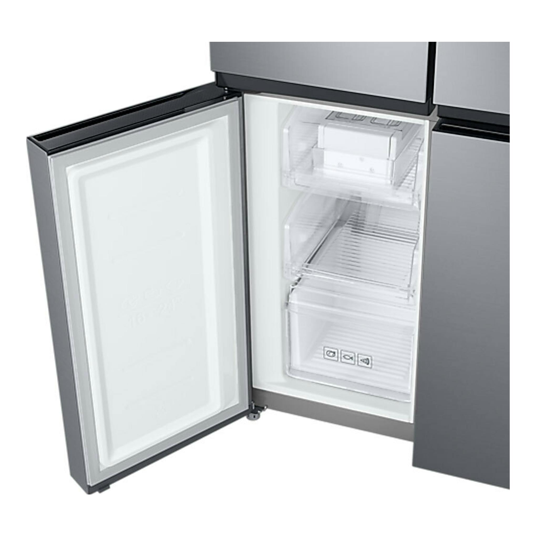 Frigorífico americano Samsung RF48A401EM9/EF inox, puerta abierta en vista frontal con interior y cajones visibles.
