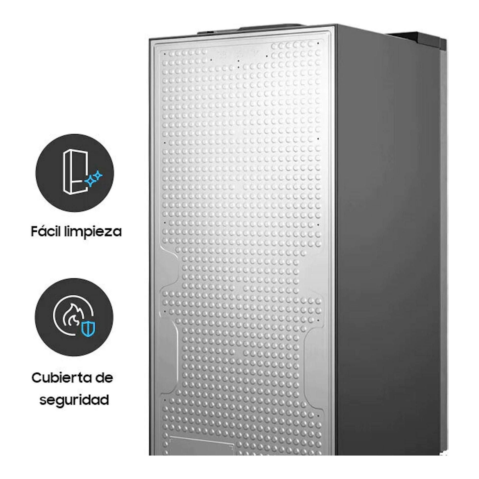 Samsung RB38C776CS9/EF inox, vista trasera lateral de frigorífico combi con panel metálico.
