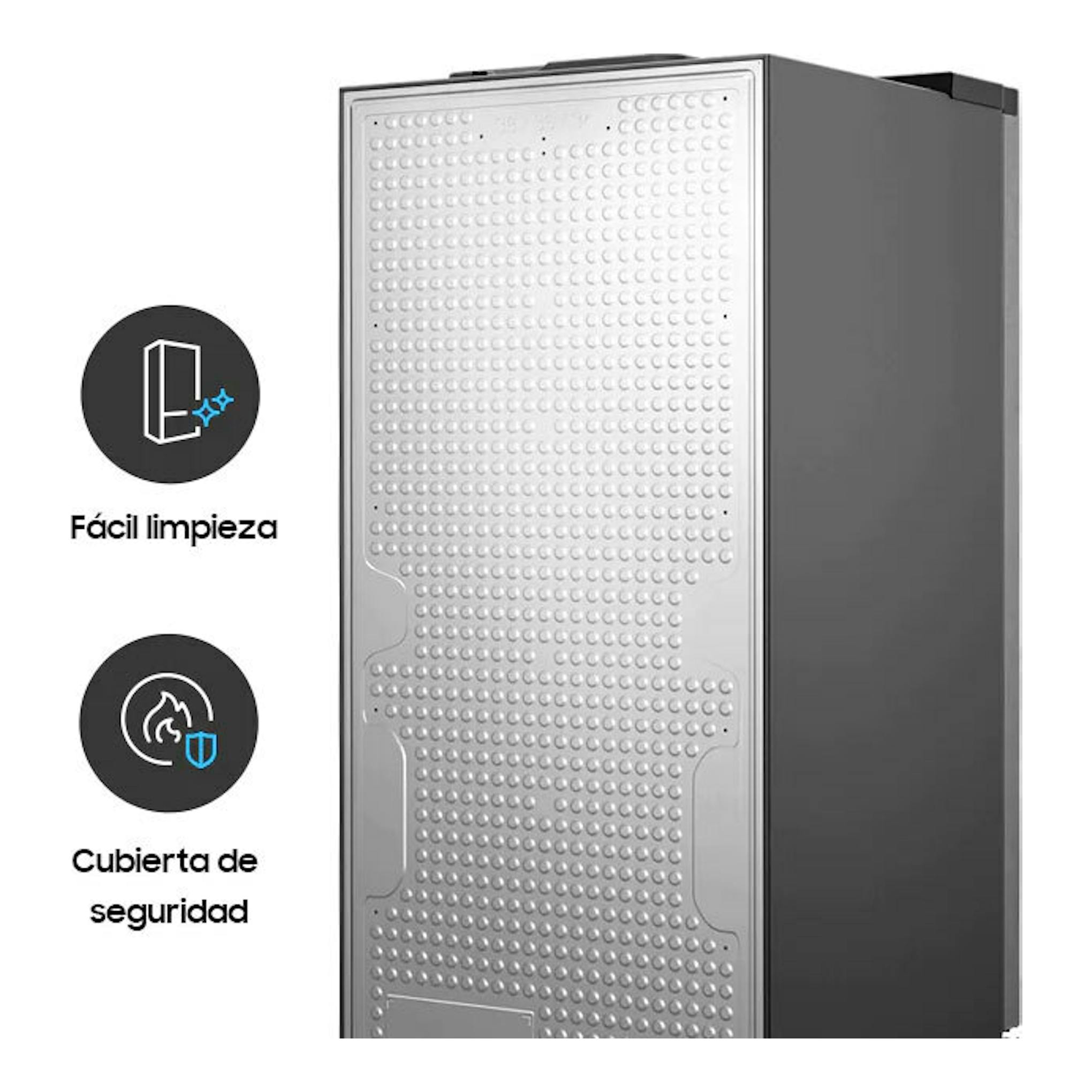 Samsung RB38C776CS9/EF inox, vista trasera lateral de frigorífico combi con panel metálico.