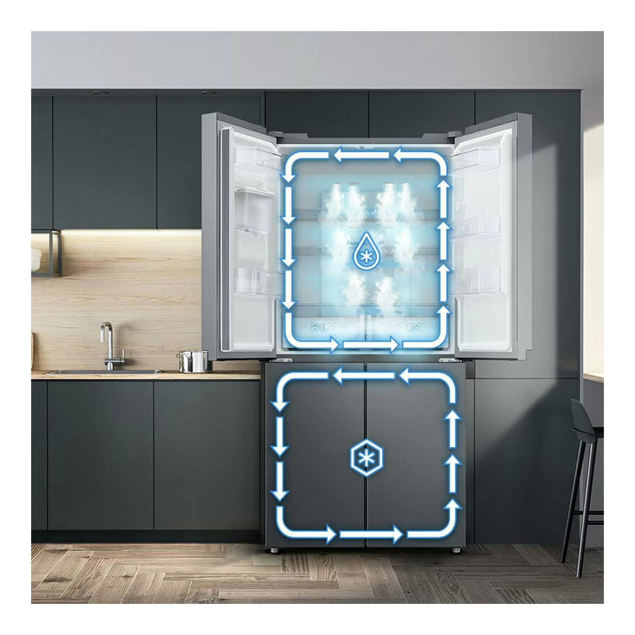 Frigorífico americano Samsung RF48A401EM9/EF inox, vista frontal con puertas abiertas en cocina moderna.