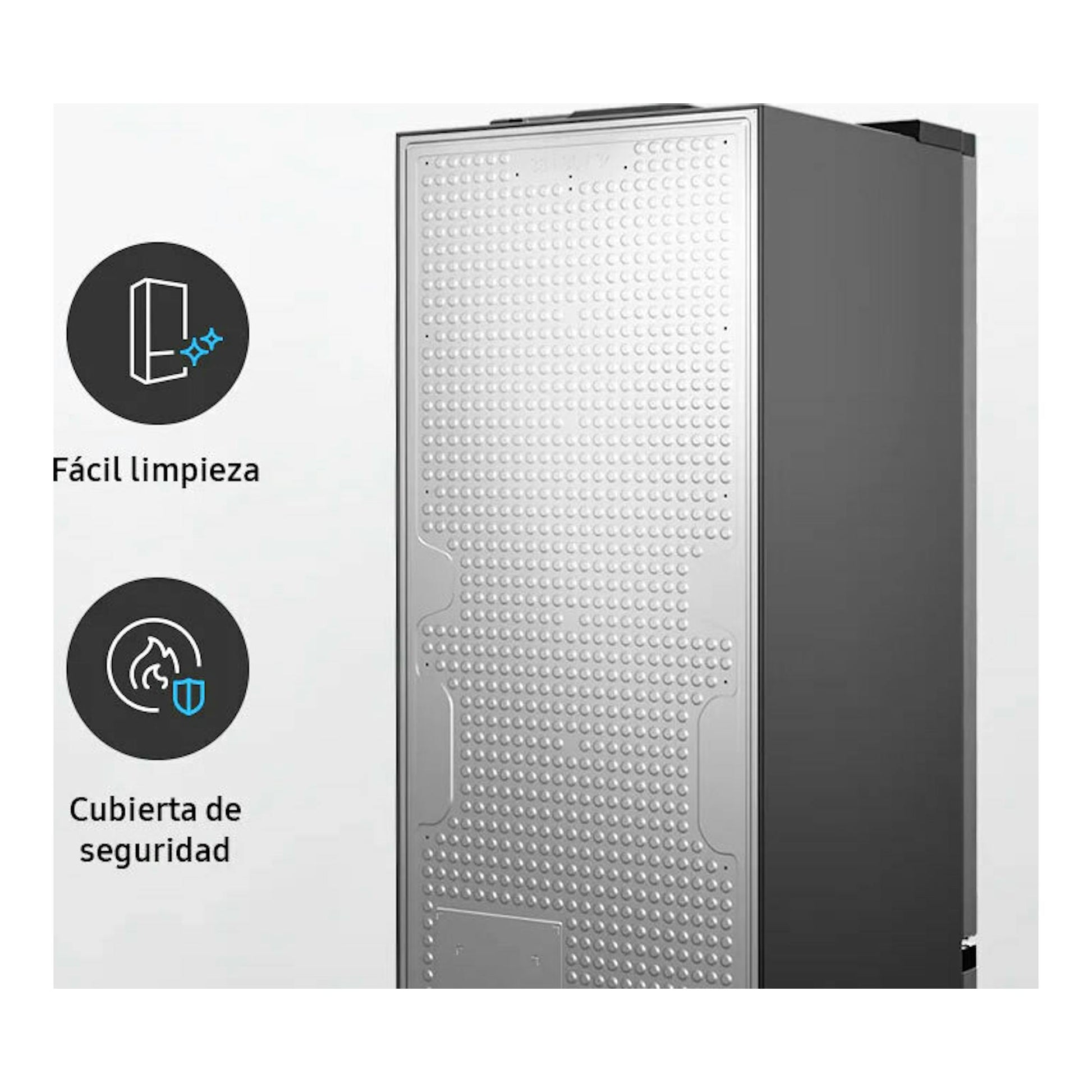 Vista trasera lateral de un frigorífico combi Samsung RB38C655DS9/EF en inox y gris.