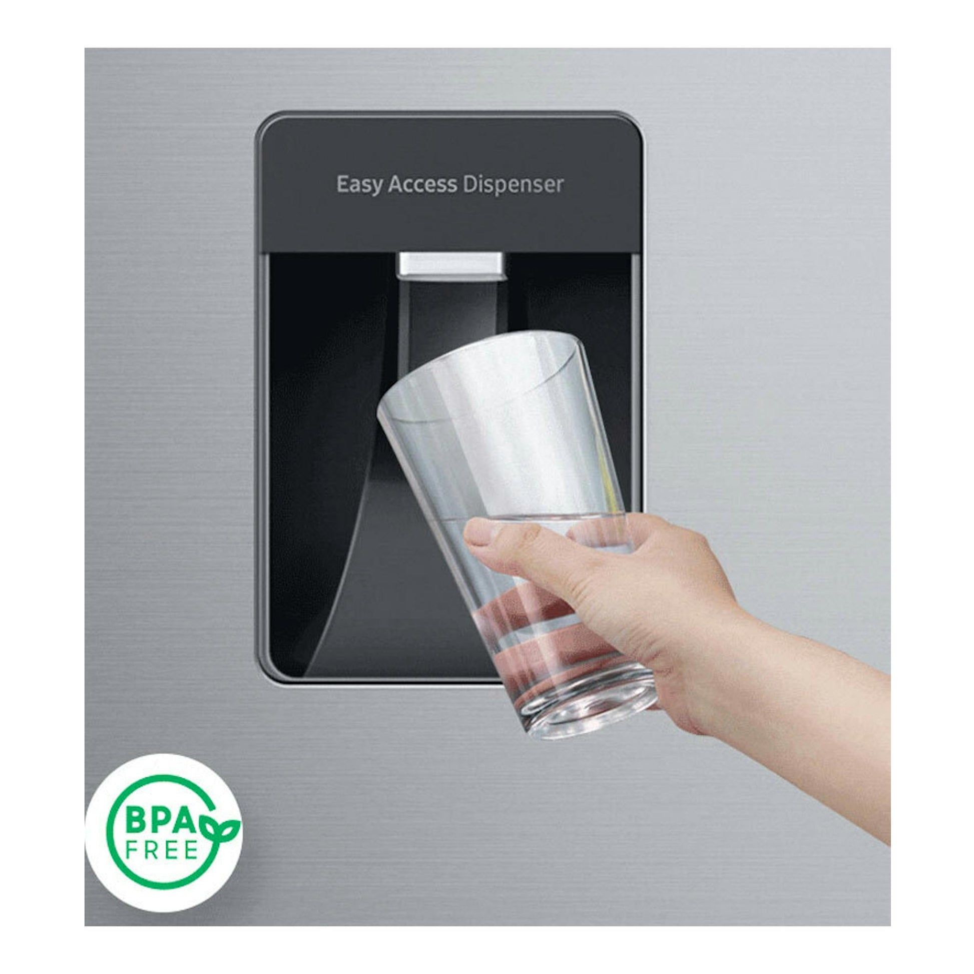 Frigorífico Samsung RF48A401EM9/EF inox con dispensador Easy Access; mano sosteniendo un vaso bajo el grifo.