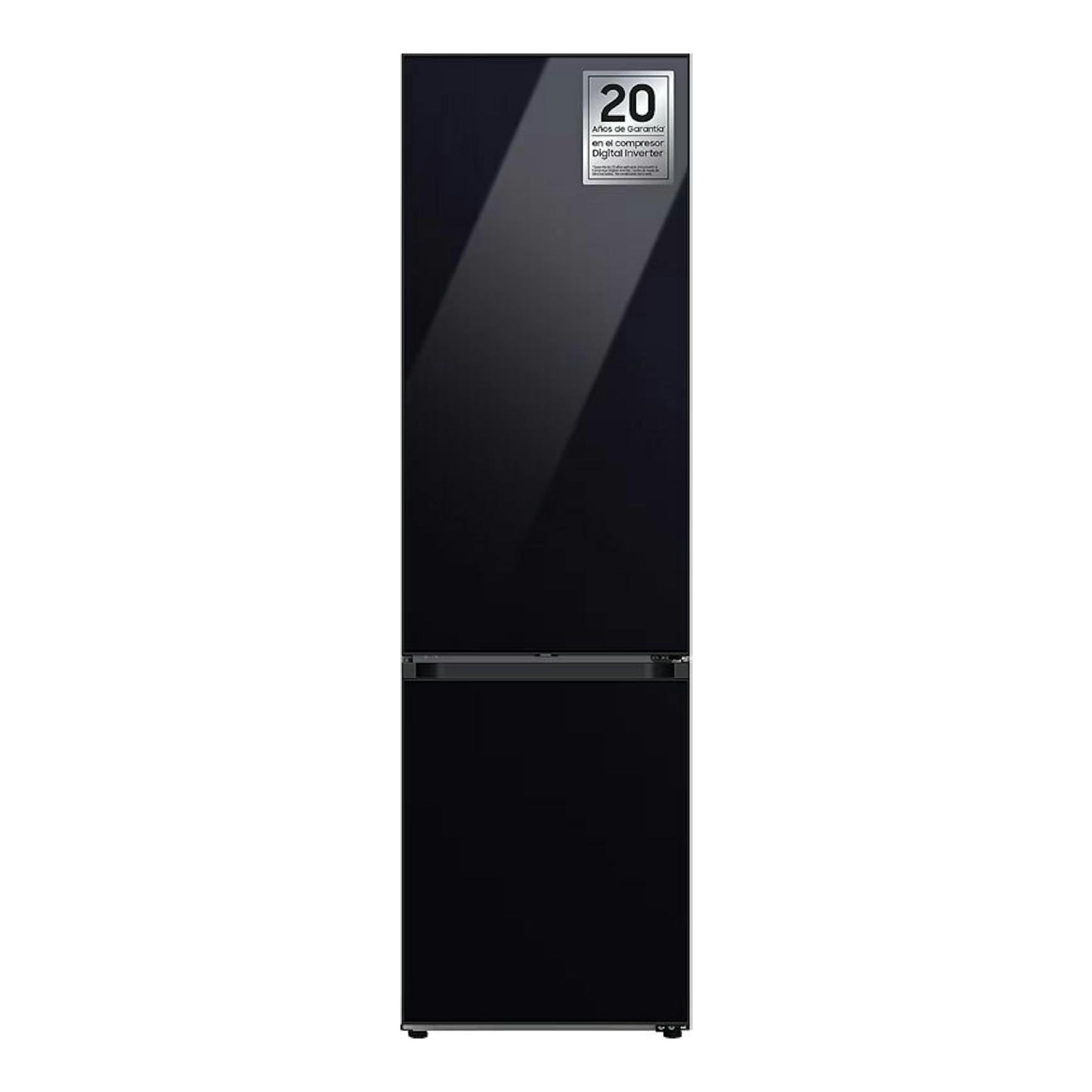Frigorífico combi Samsung RB38C7B6D22/EF negro, vista frontal, con etiqueta de 20 años en la puerta.